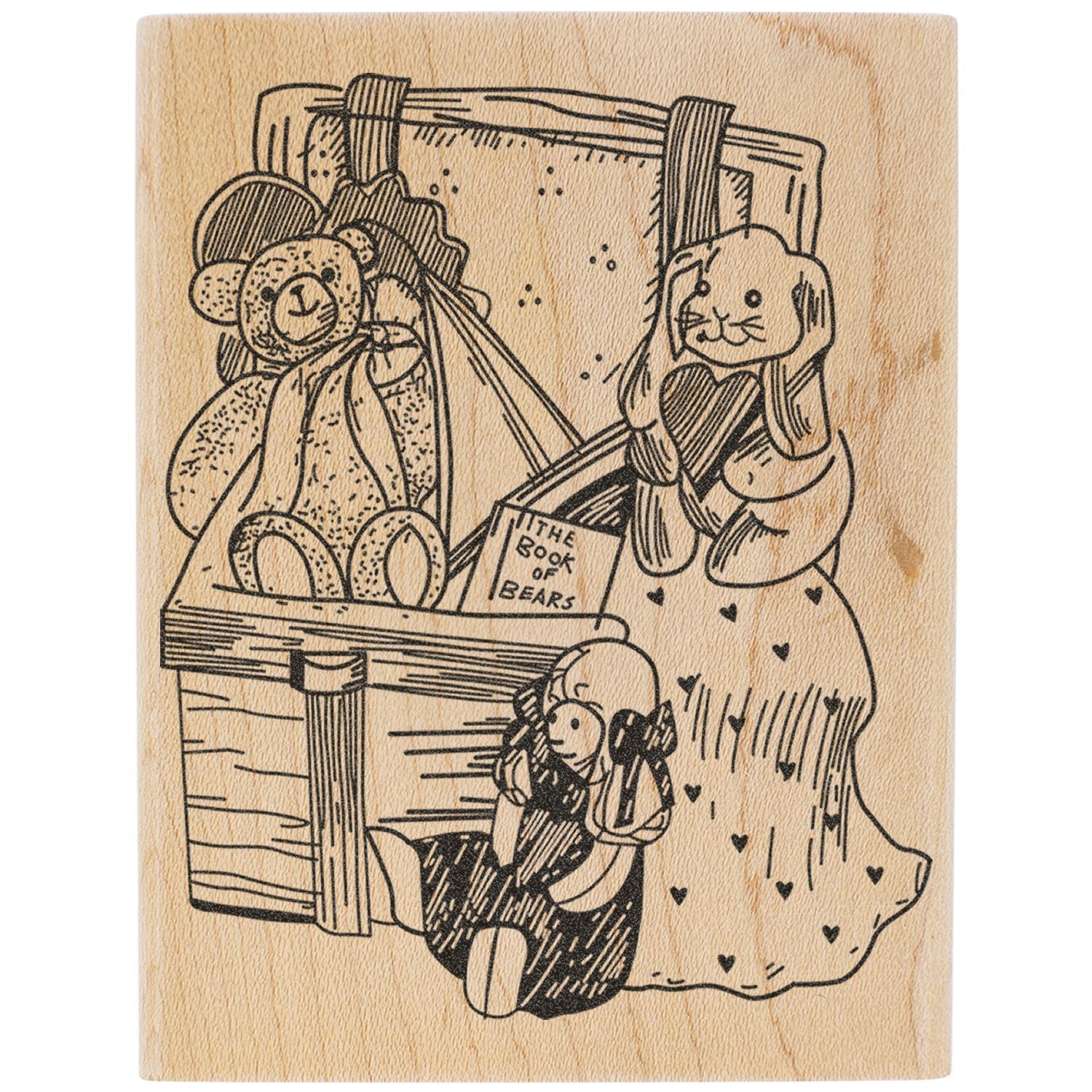 Cute teddy bear wooden stamp illustration with a book titled The Book of Bears in a vintage hand-drawn style.