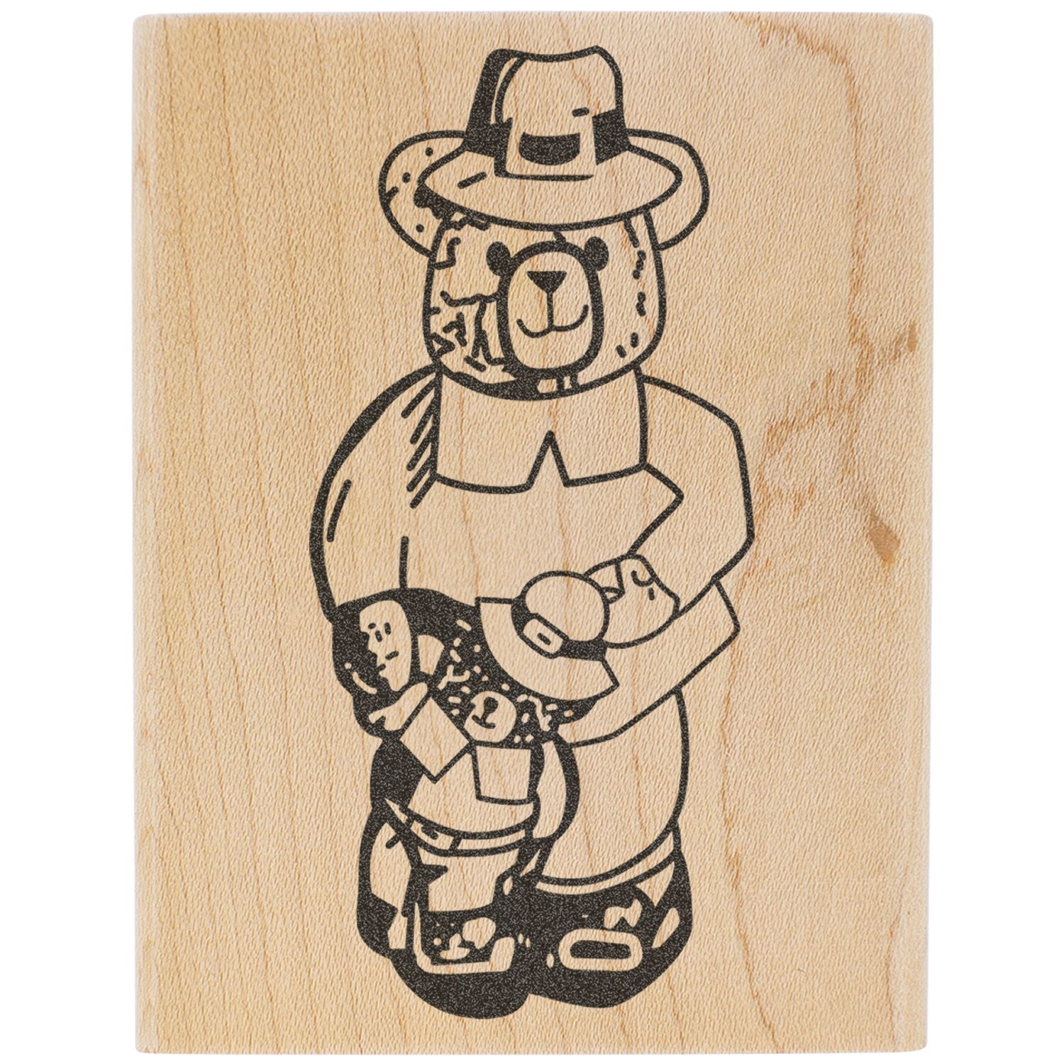 Bear illustration wearing a hat, printed on natural wood background, black line art design.