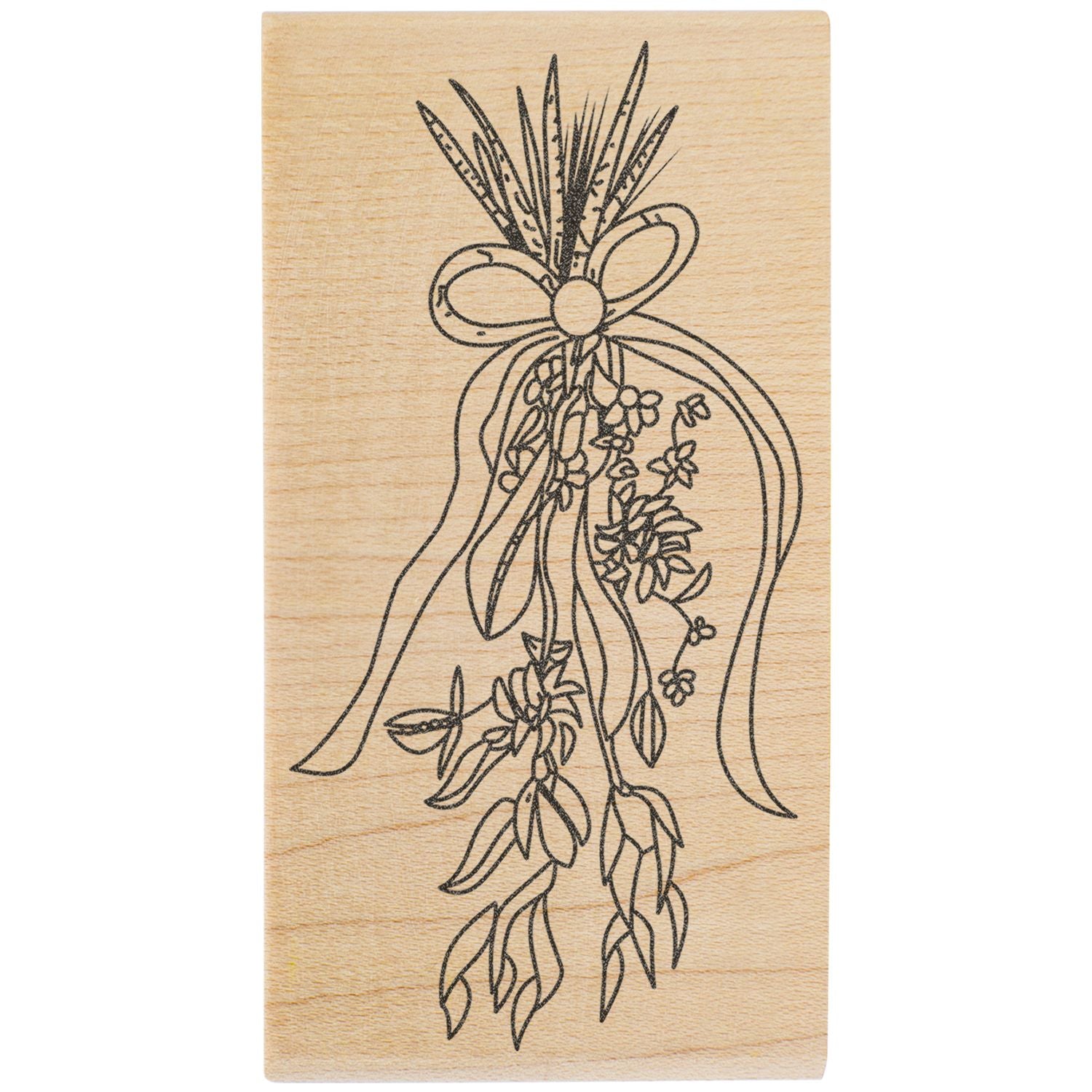 Wooden rubber stamp with elegant floral bow and botanical line art design