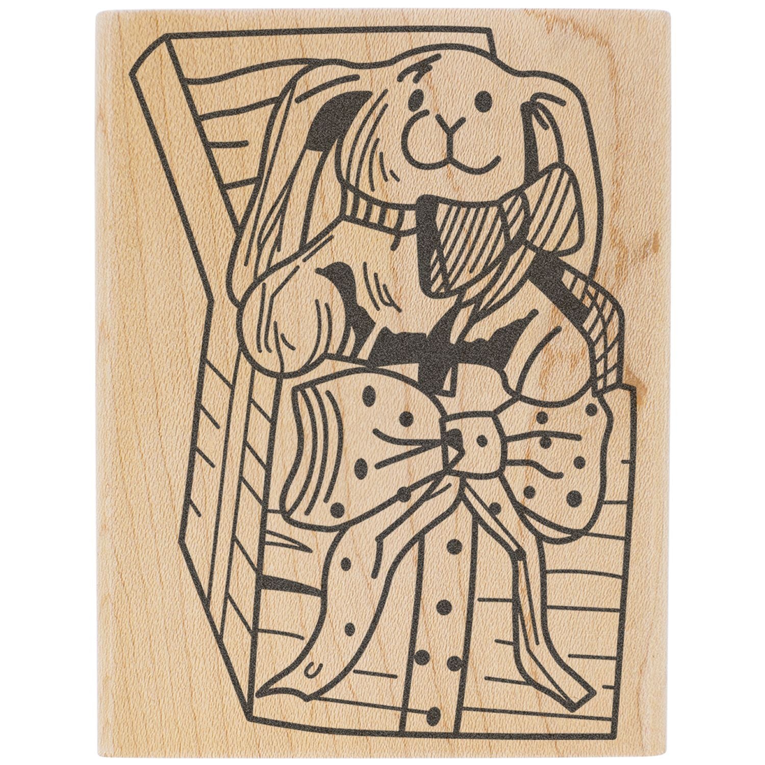 Wooden rubber stamp featuring a cute bunny in a coffin illustration with bow tie.