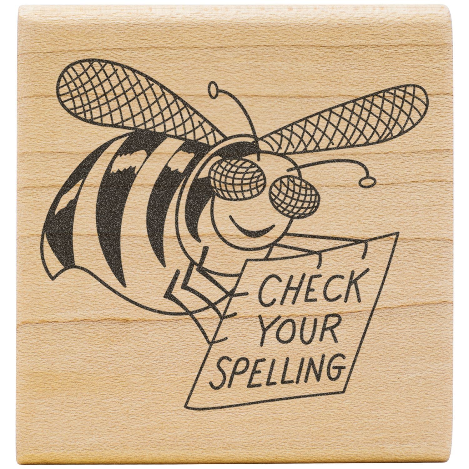 Bee wooden stamp with Check Your Spelling text, humorous proofreading and spelling correction design.