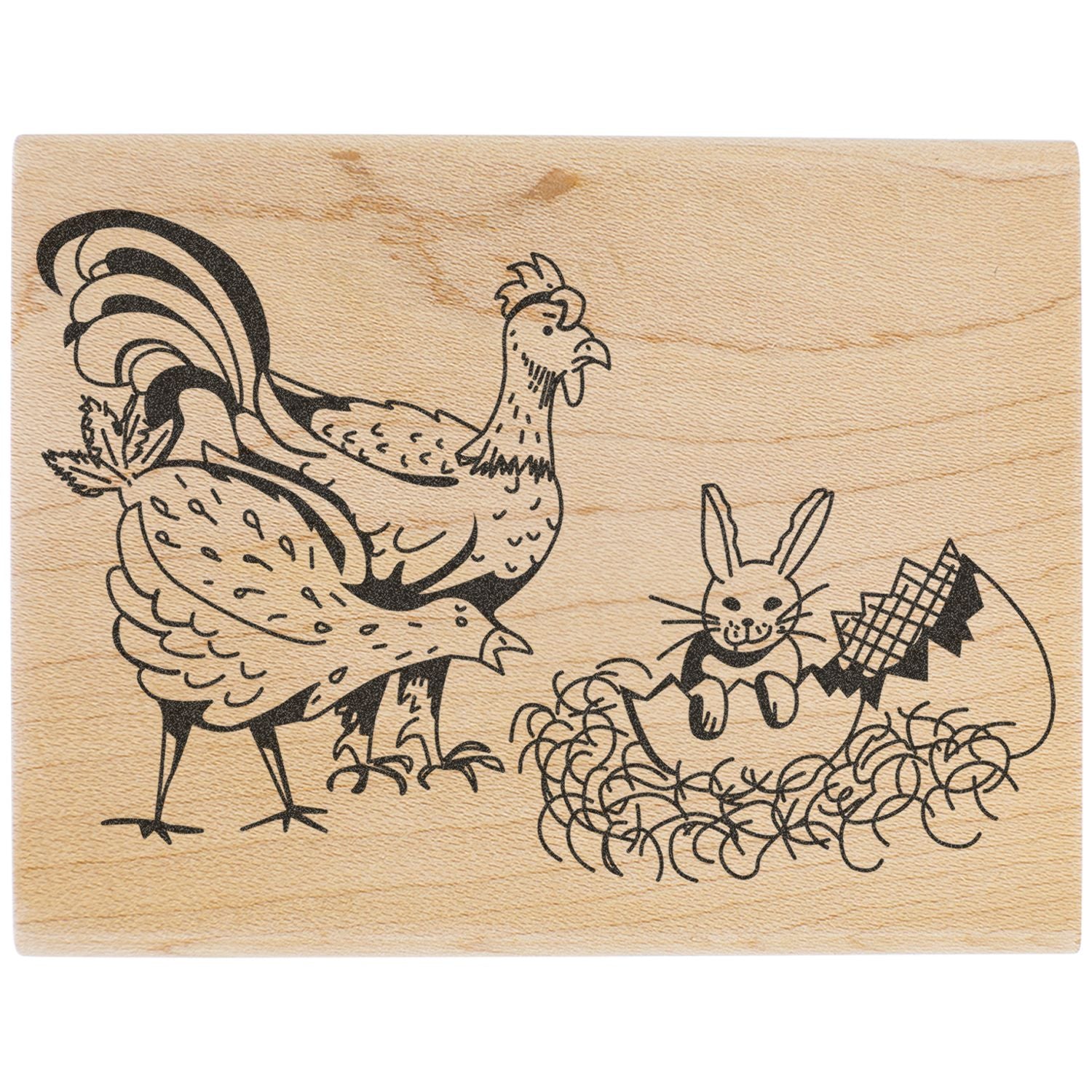 Wooden Easter-themed chicken and bunny engraving on a cutting board design.