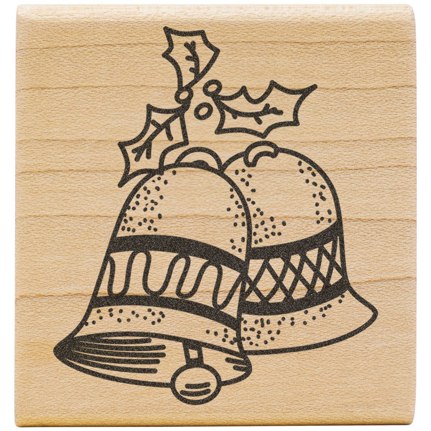 Wooden Christmas stamp with two festive jingle bells and holly leaves on a natural wood background.