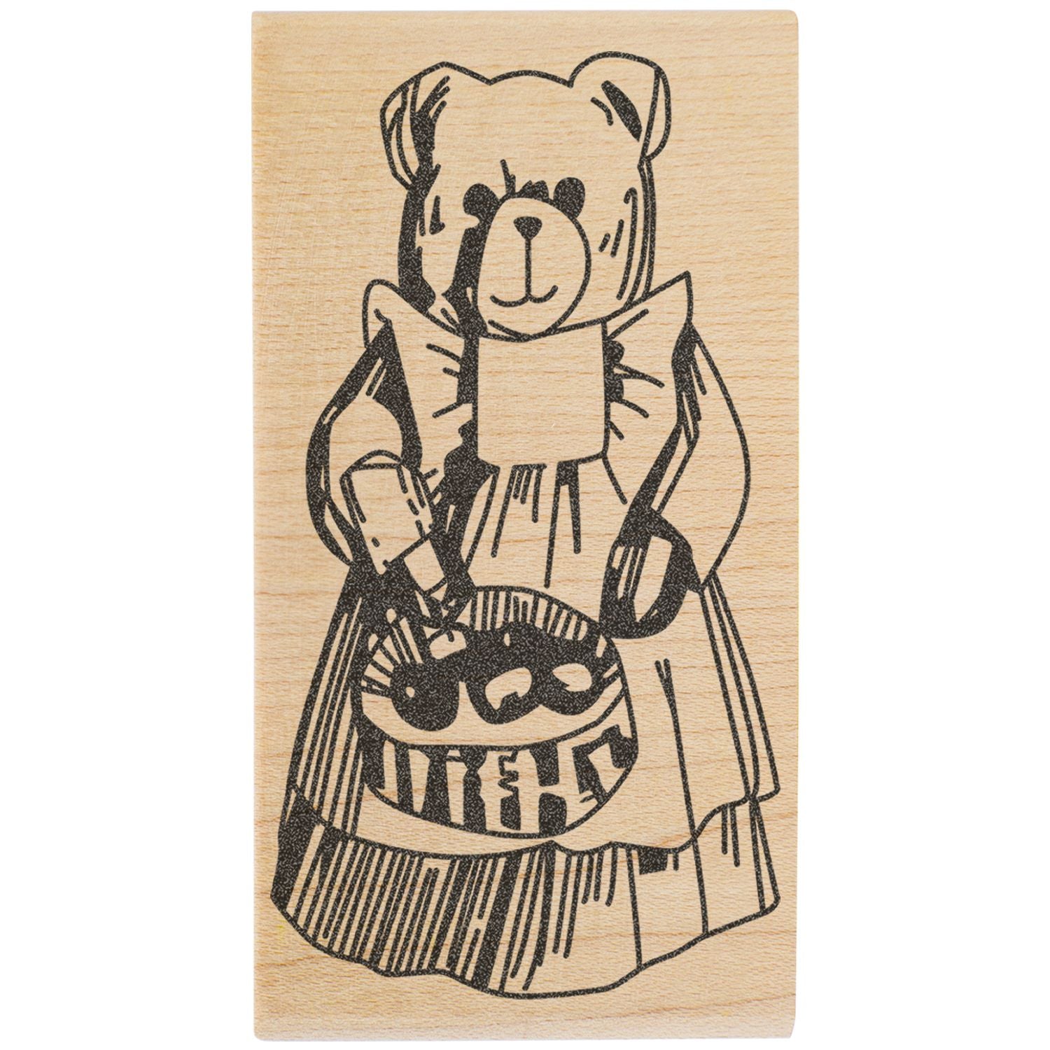 Cute teddy bear wooden stamp illustration on a natural wood block, black line art bear design for crafts and DIY projects.