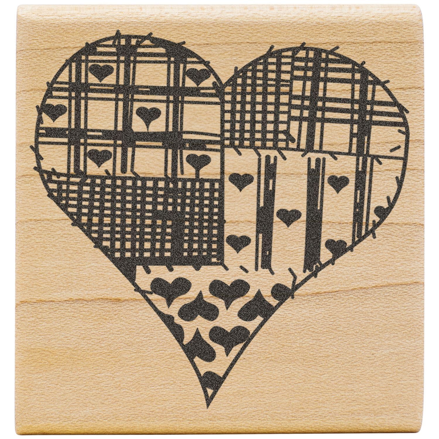 Decorative wooden heart stamp with plaid pattern and small hearts, rustic romantic craft design.