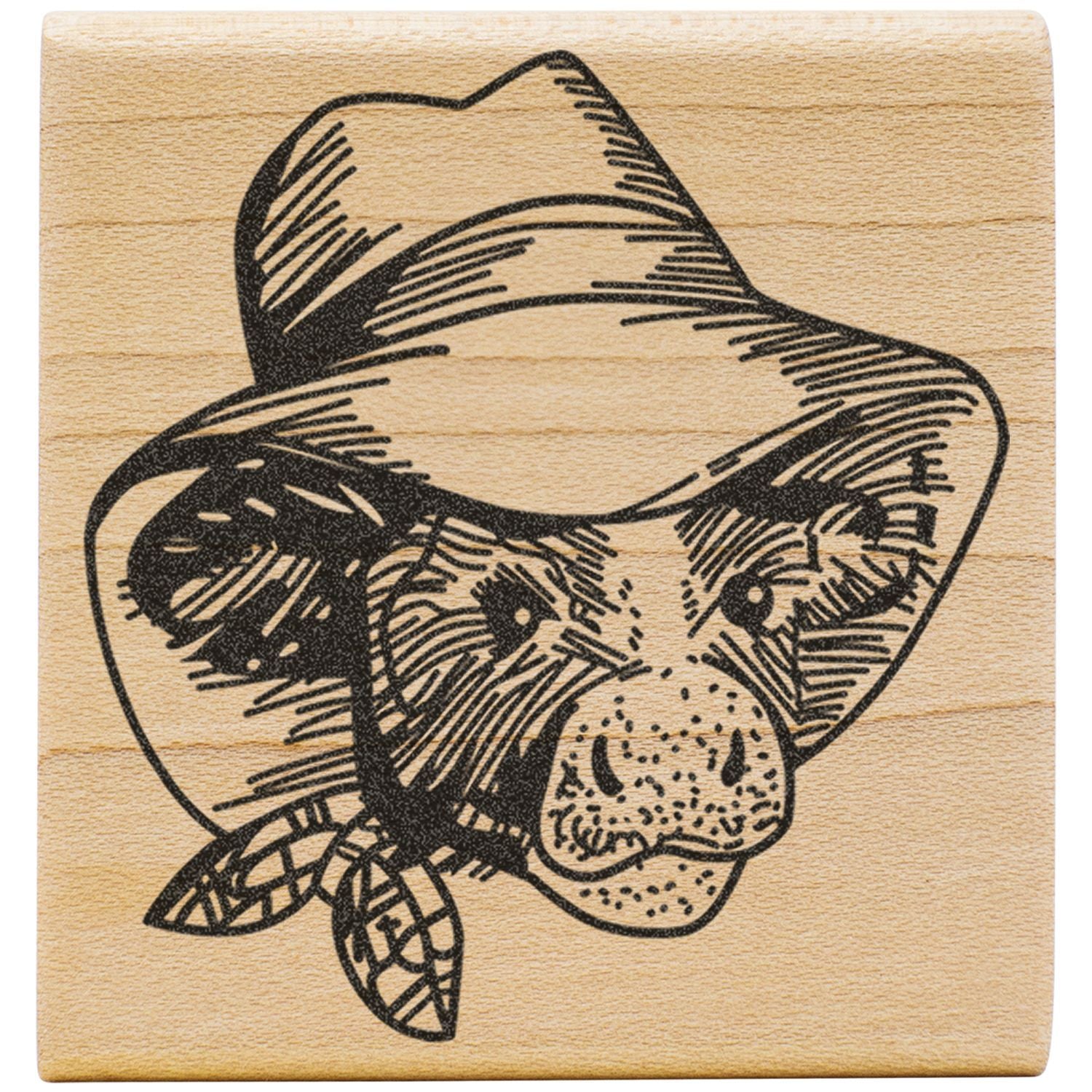 Cowboy dog illustration on a wooden background, black line art pet portrait wearing a hat