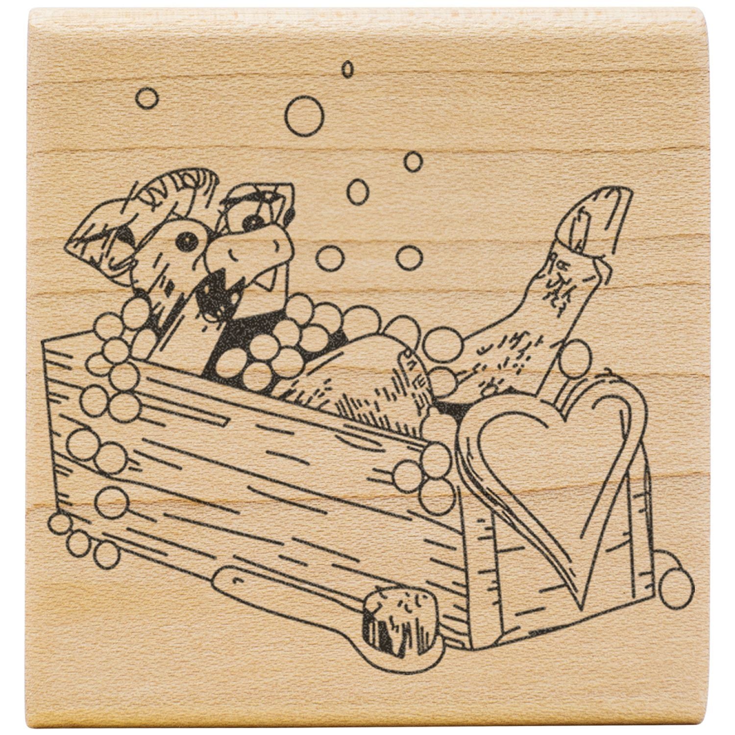 Cute cartoon dinosaur in a bathtub with bubbles, black line art on a natural wood block background.