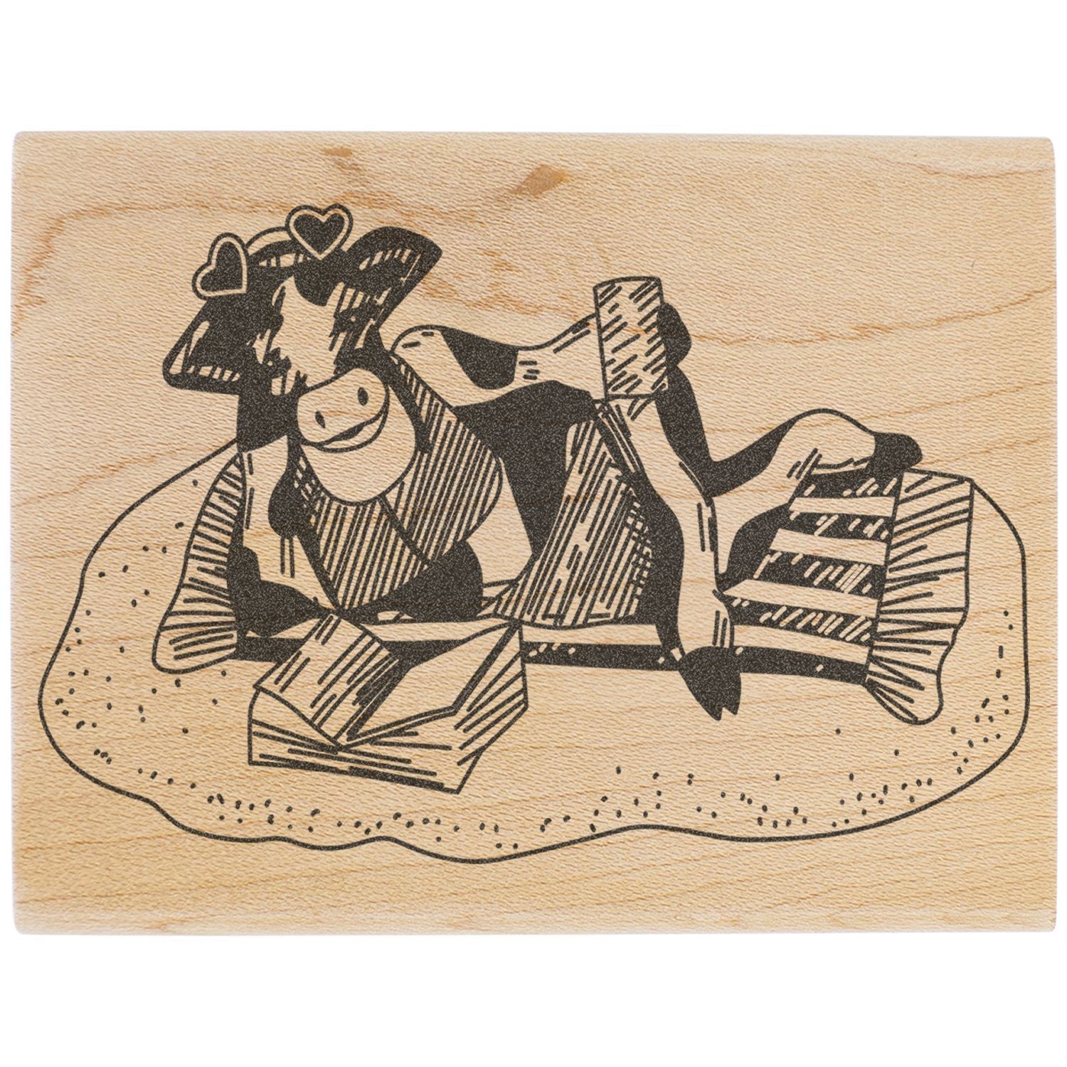 Cute cow illustration on rustic wooden plaque, black line art farm decor with heart accents.