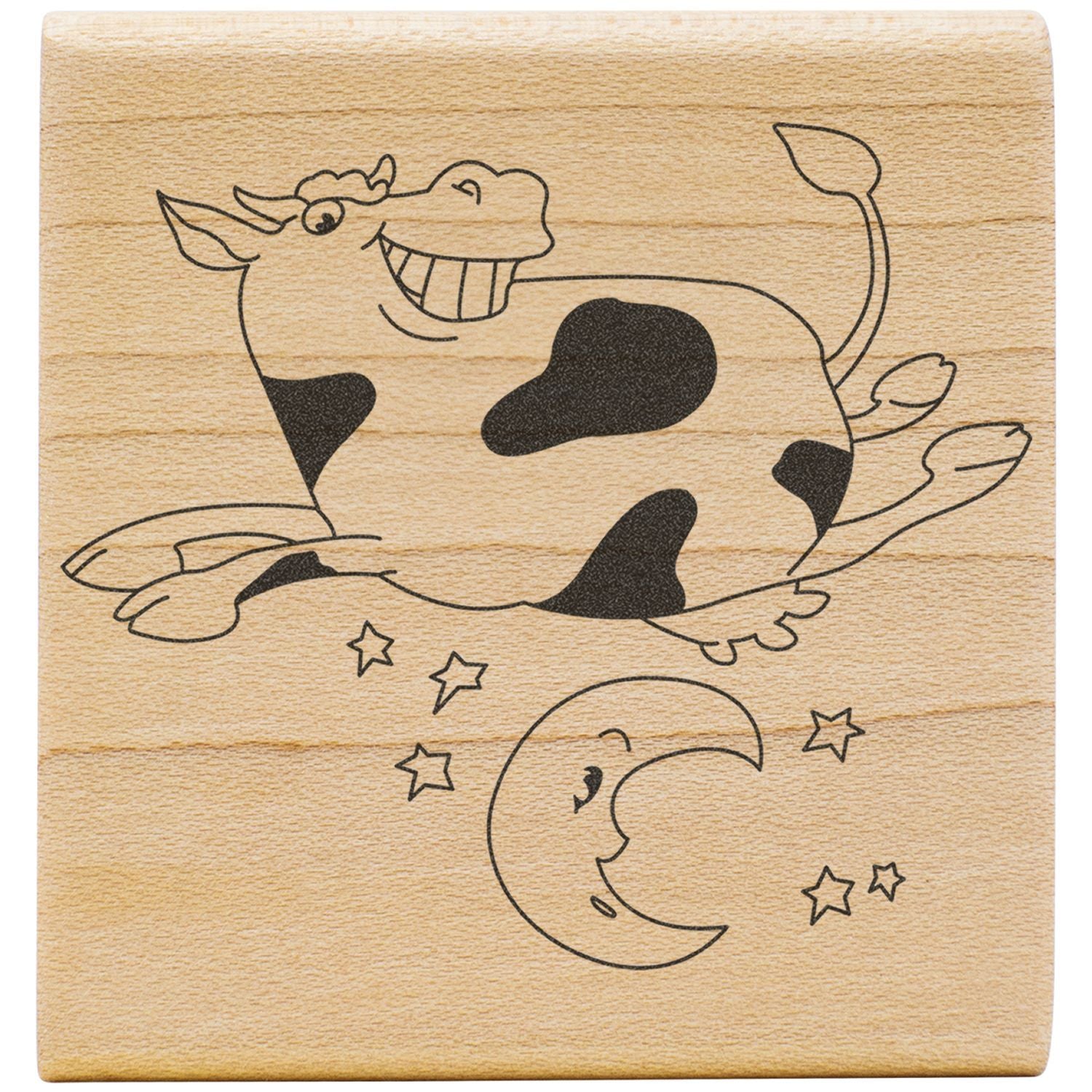 Laser engraved wooden cow and moon wall art with stars, rustic cartoon farm animal decor on natural wood plaque.