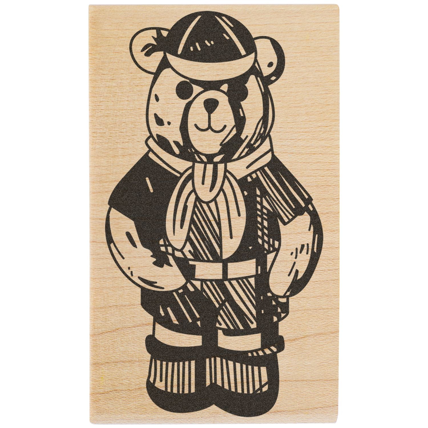 Cute bear scout illustration laser engraved on a wooden plaque, with a vintage black-and-white style design.