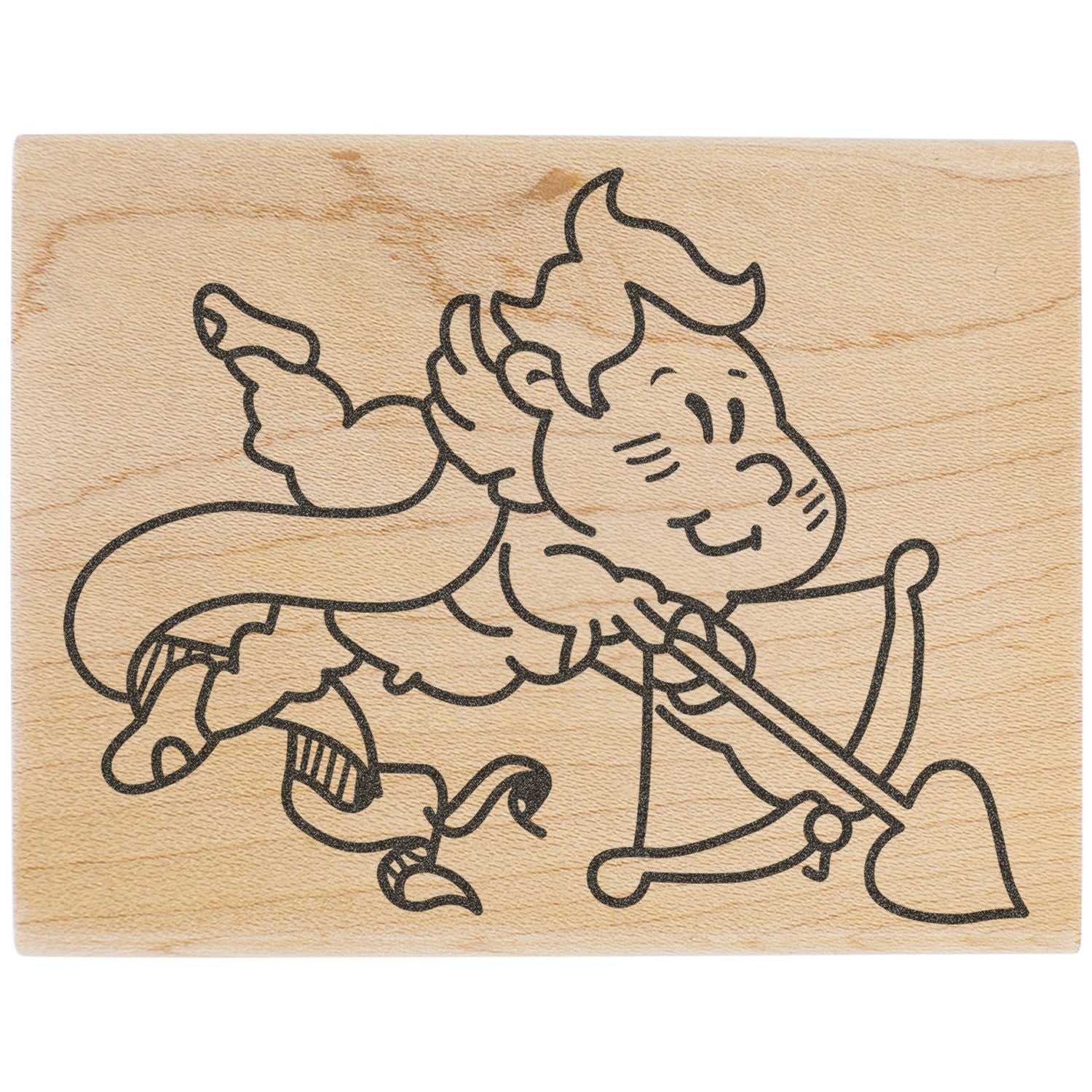 Cute cupid angel line art engraved on a wooden stamp block.