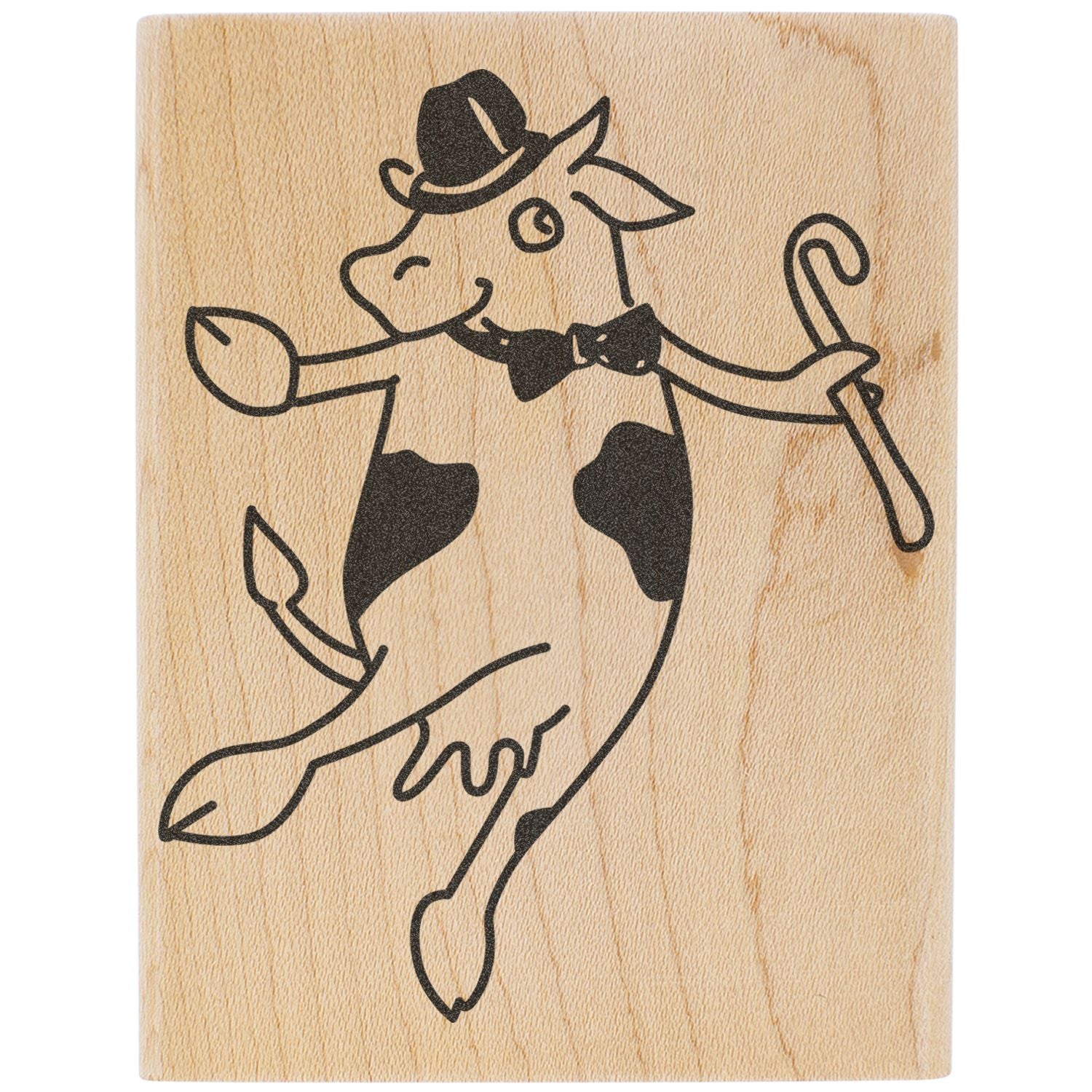 Engraved wooden cow with cowboy hat and cane, rustic western farmhouse decor art.