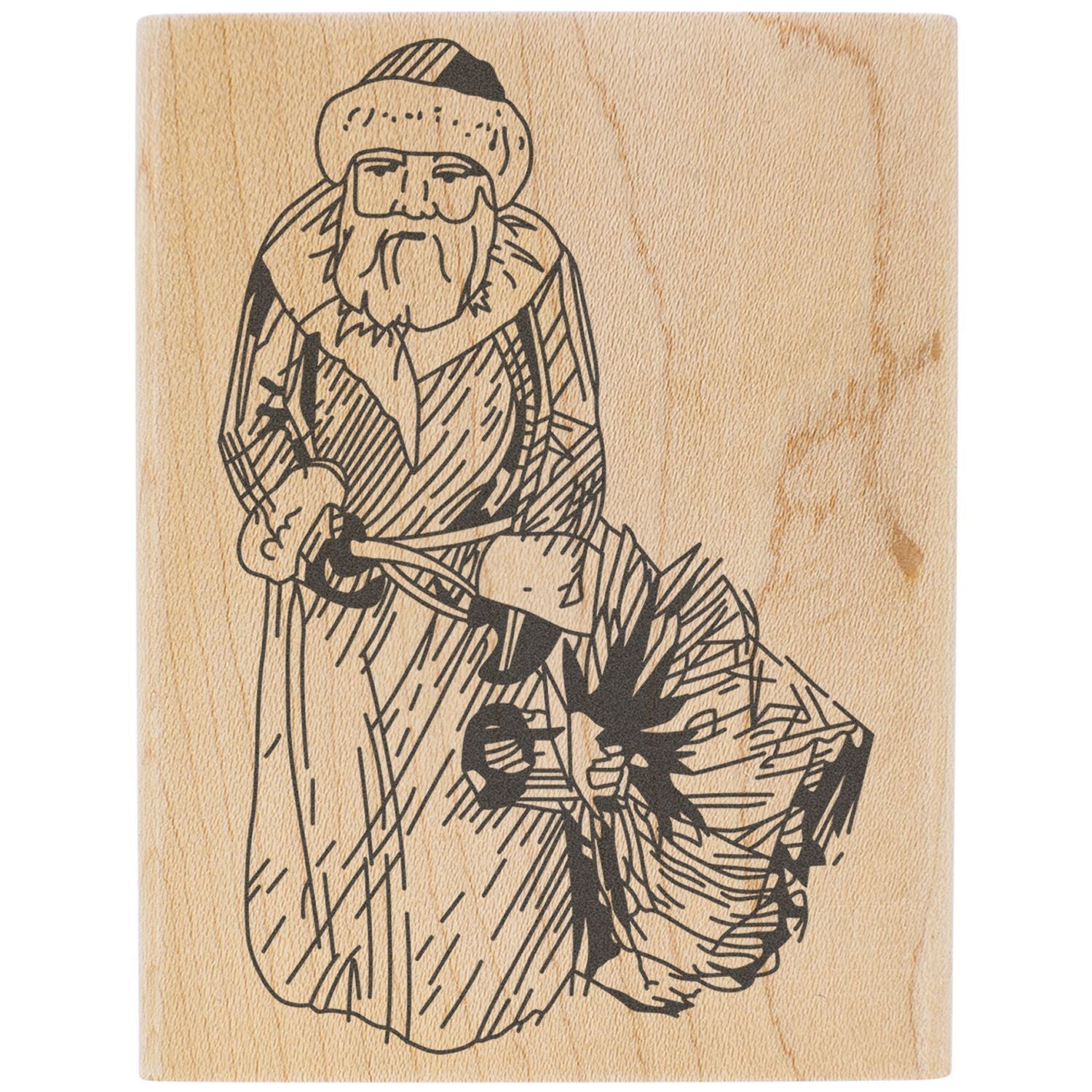 Vintage black line art illustration of a bearded monk or holy man holding a staff on a wooden background
