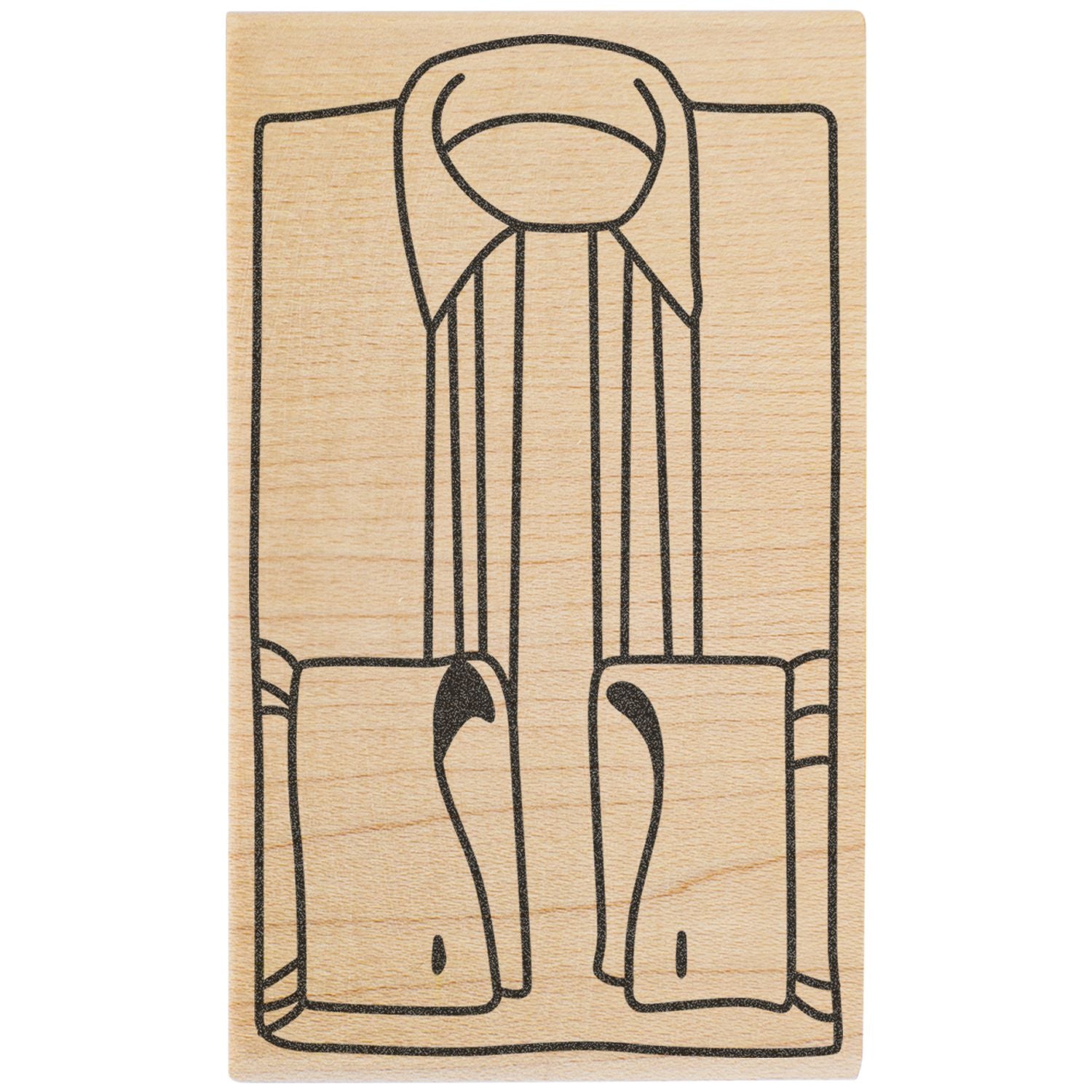 Wooden stamp with a black line drawing of a formal suit and tie design