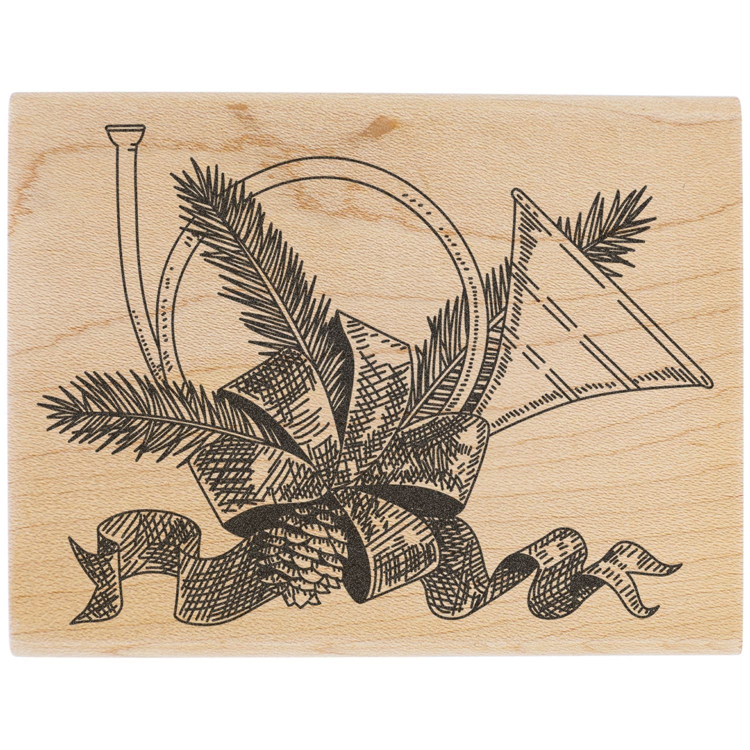 Decorative botanical line art engraving on natural wood with pine branches and ribbon motif.