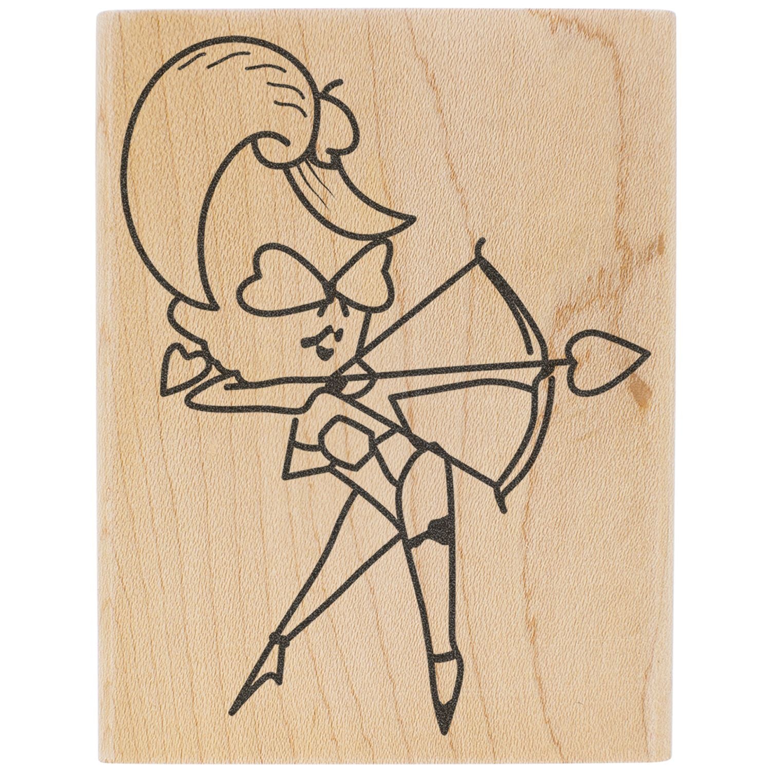 Cartoon duck archer line art engraved on a wooden board with bow and arrow.