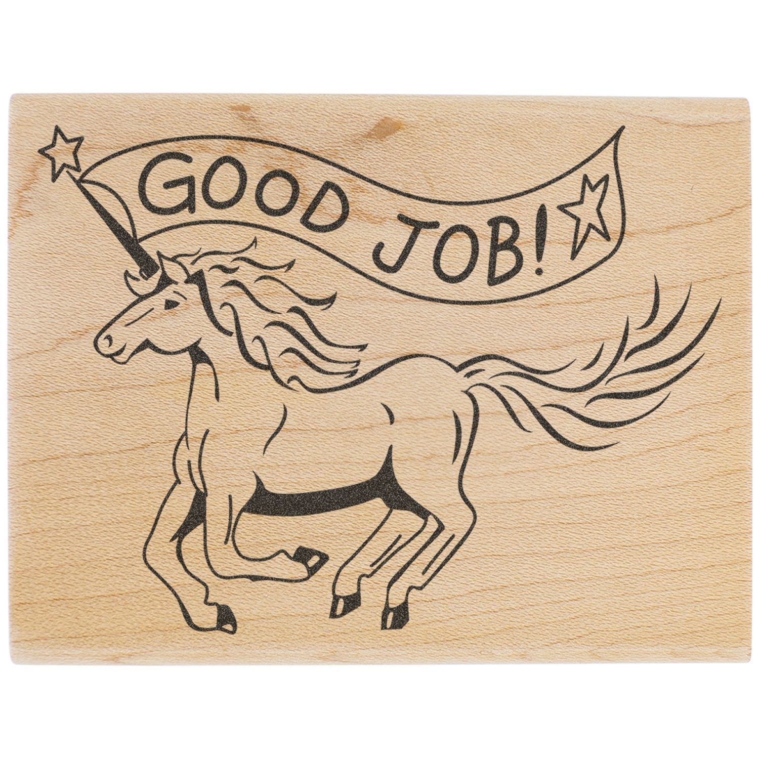 Wooden plaque with engraved unicorn and Good Job! text, motivational award sign on light wood background