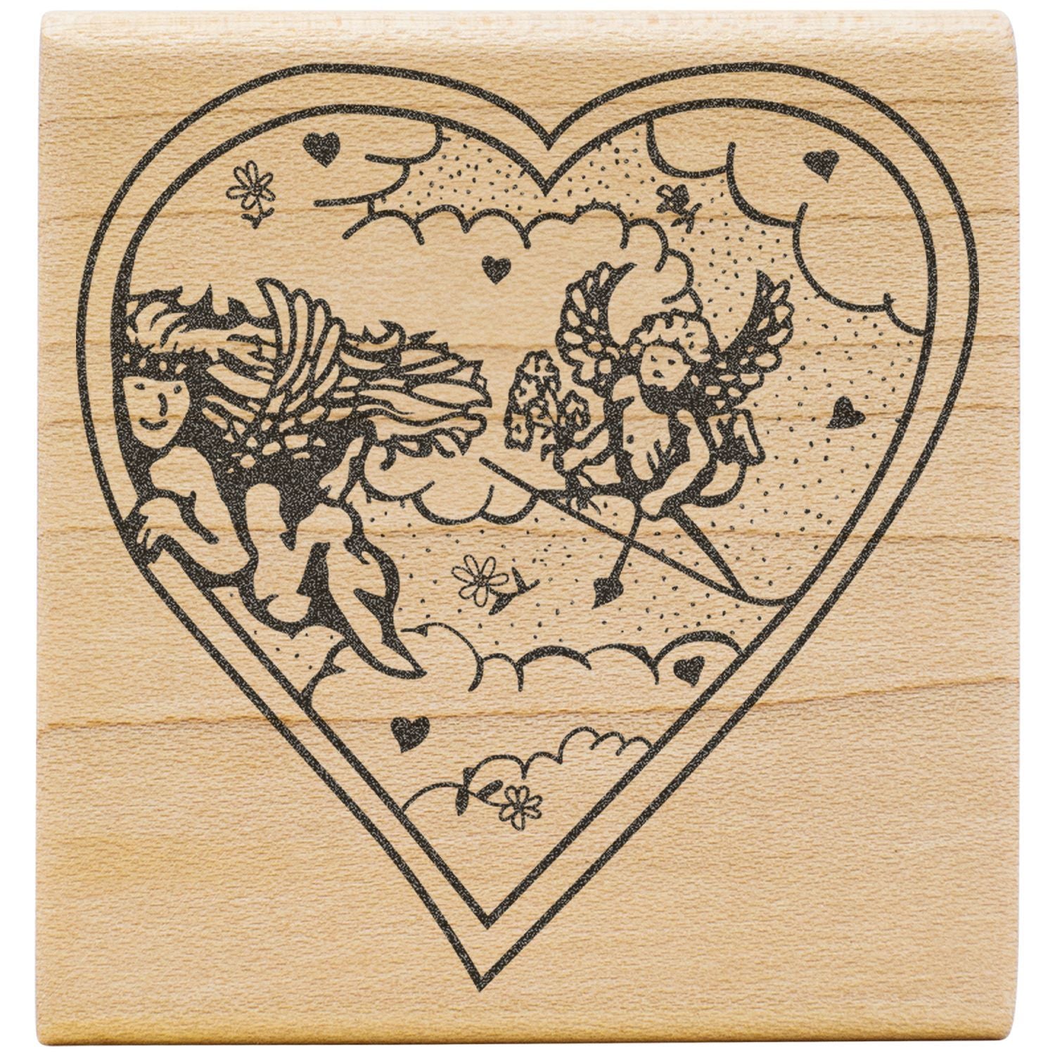 Heart-shaped fairy couple wood stamp design with whimsical clouds, hearts, and floral line art on a natural wooden background.