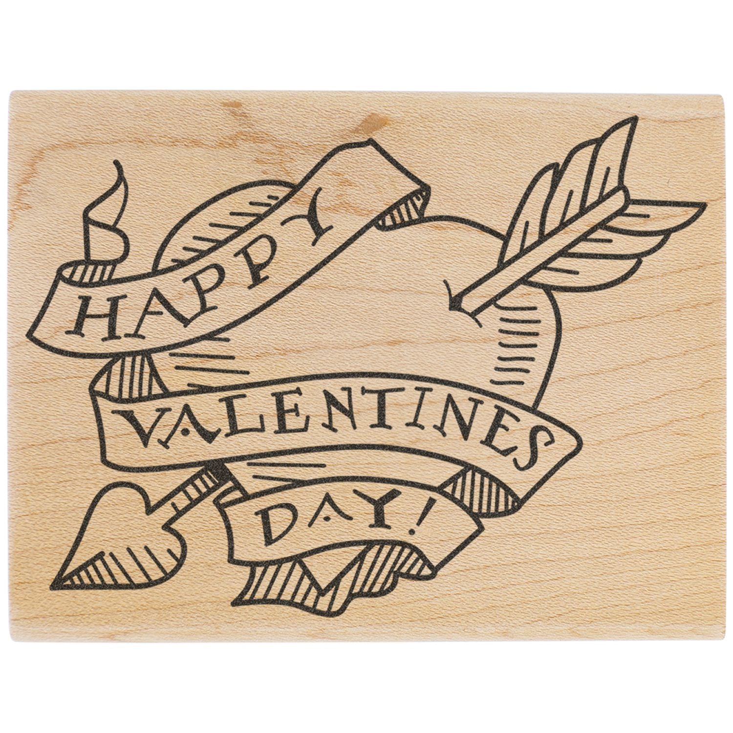 Rustic wooden stamp with Happy Valentines Day banner and arrow design