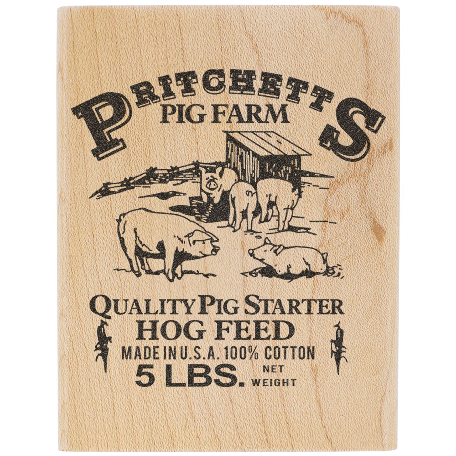 Vintage Dritchetts Pig Farm hog feed sack with pig illustration, 5 lbs cotton bag, rustic farm packaging design.