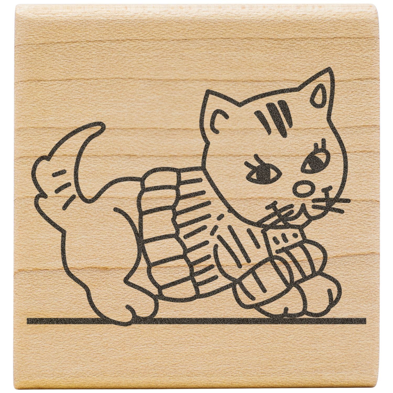Cute cat illustration stamped on a wooden block background.