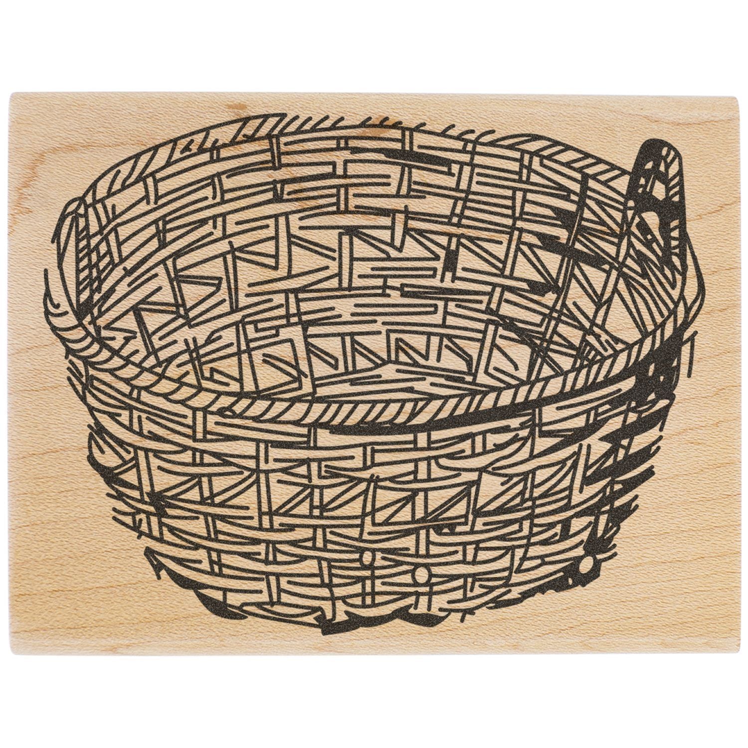Black wicker basket illustration on a natural wood background, rustic handcrafted design.