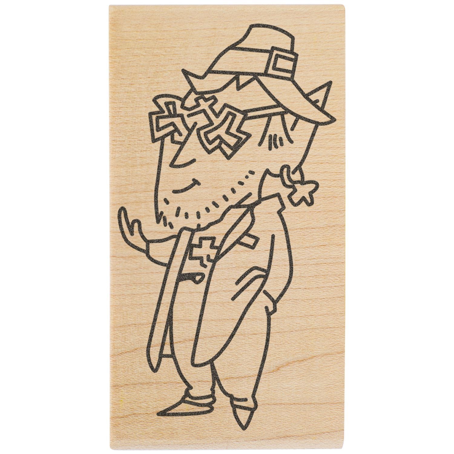 Stylized witch line art illustration on a wooden background, featuring a whimsical Halloween character with hat and glasses.