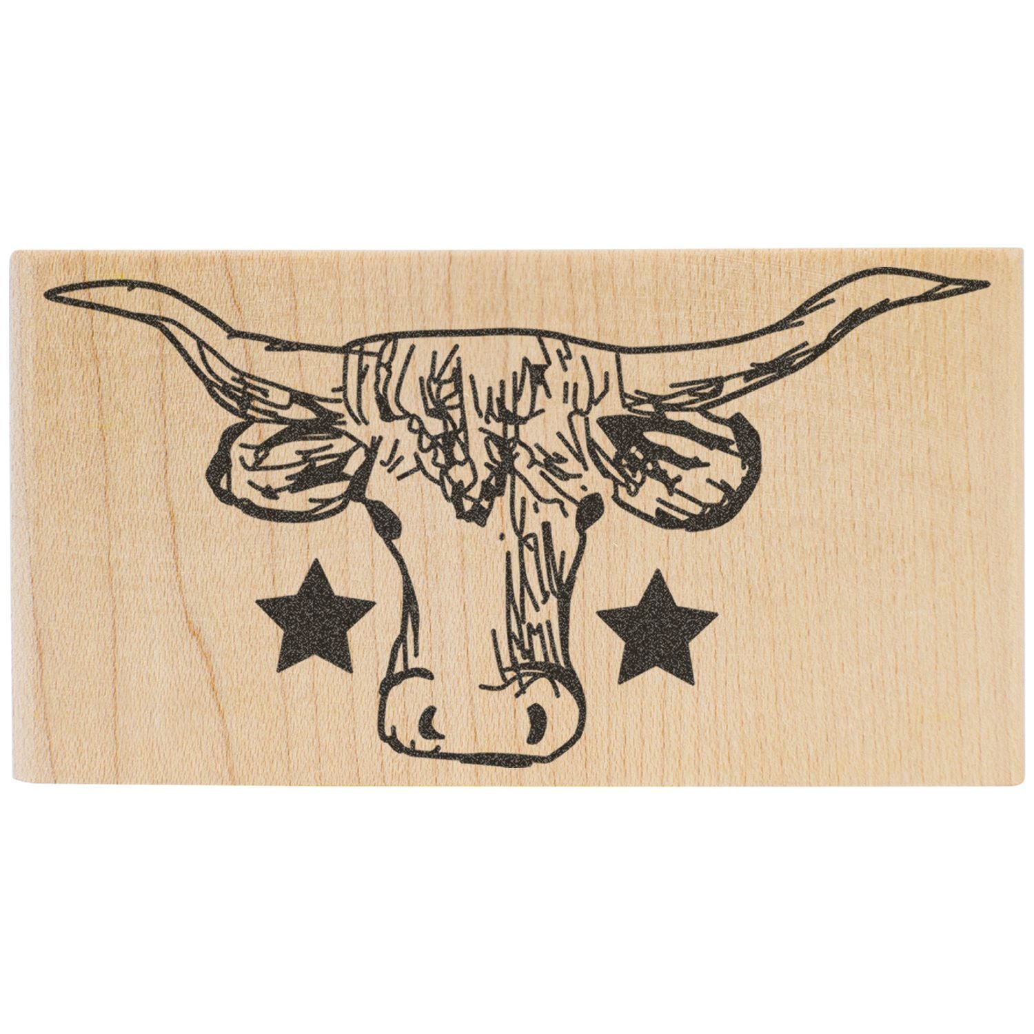 Wooden plaque with engraved longhorn skull and stars, rustic Western wall decor.