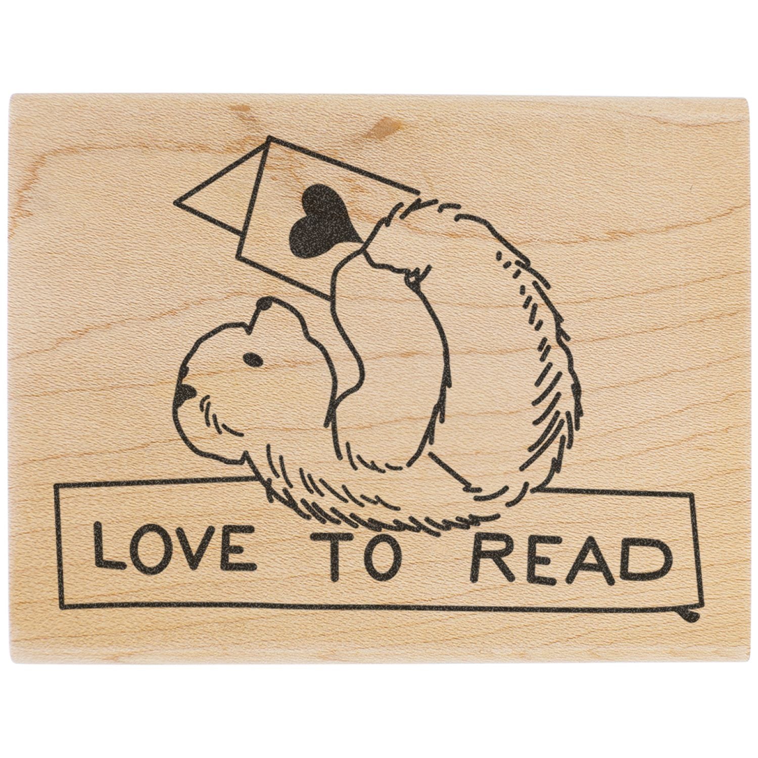 Wooden Love to Read stamp with a cute bear reading illustration on a natural wood background.