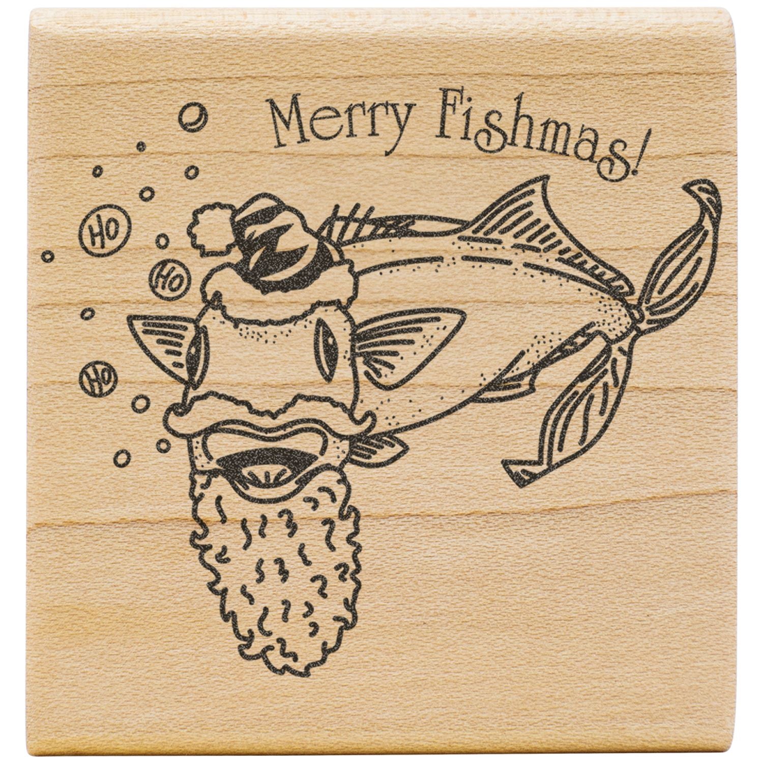 Merry Fishmas wooden rubber stamp featuring a Santa fish with holiday hat and beard design.
