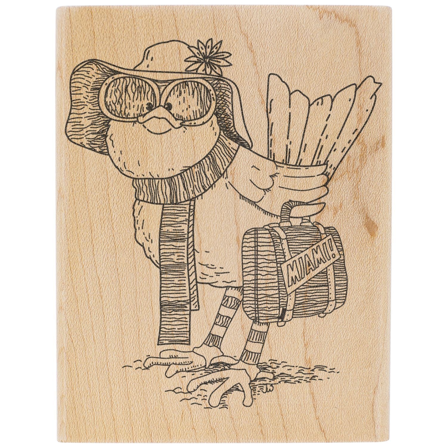 Whimsical duck traveler with sunglasses, hat, scarf, and Miami suitcase illustration on wooden background