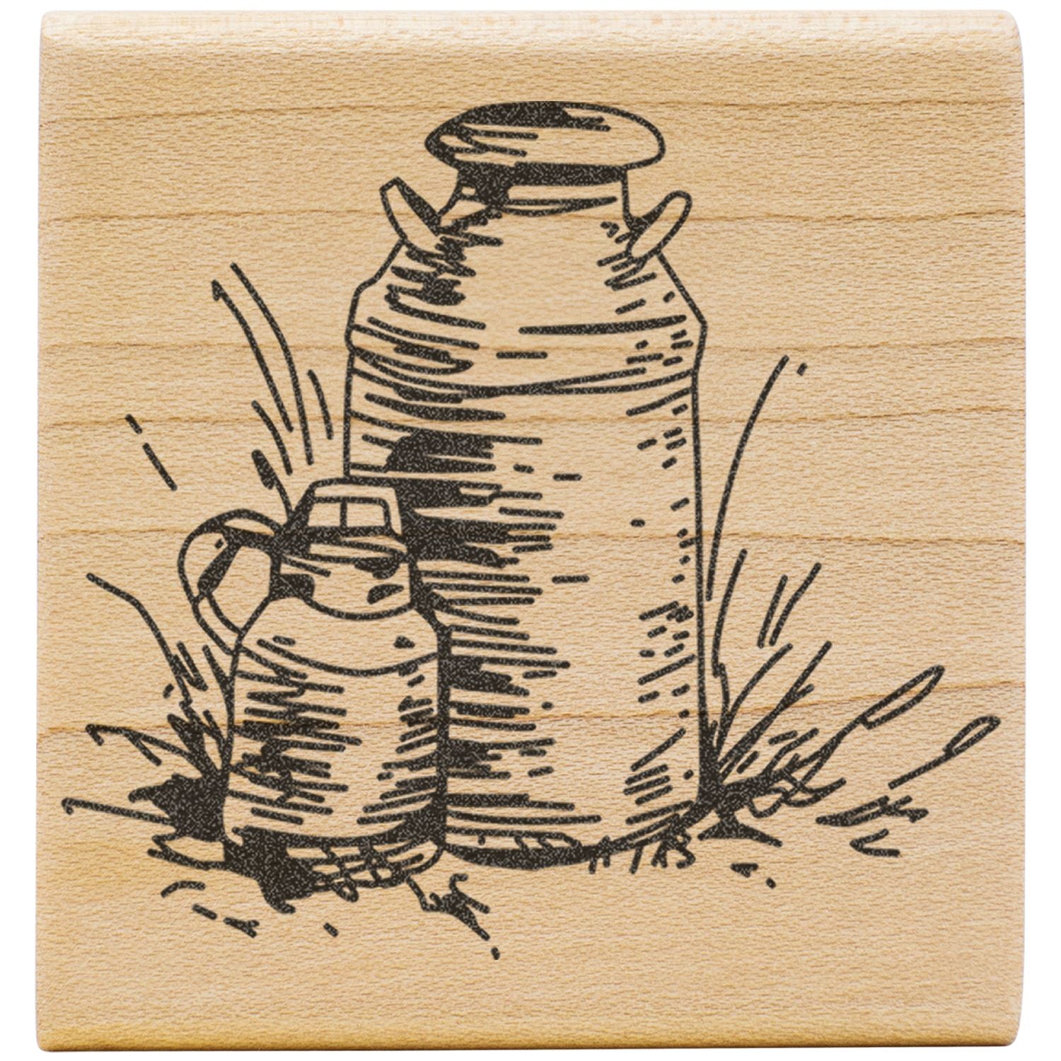Vintage wooden stamp illustration of rustic milk cans on a textured wood block engraving.