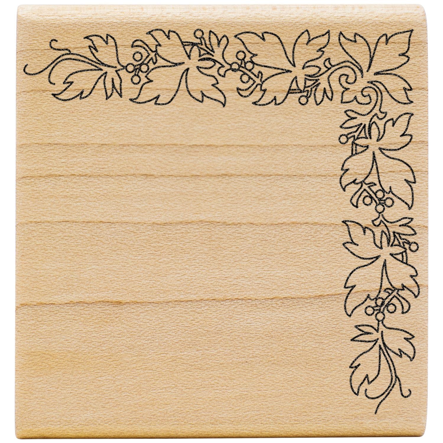 Wooden rubber stamp with decorative vine leaf corner border design for crafting and scrapbooking.