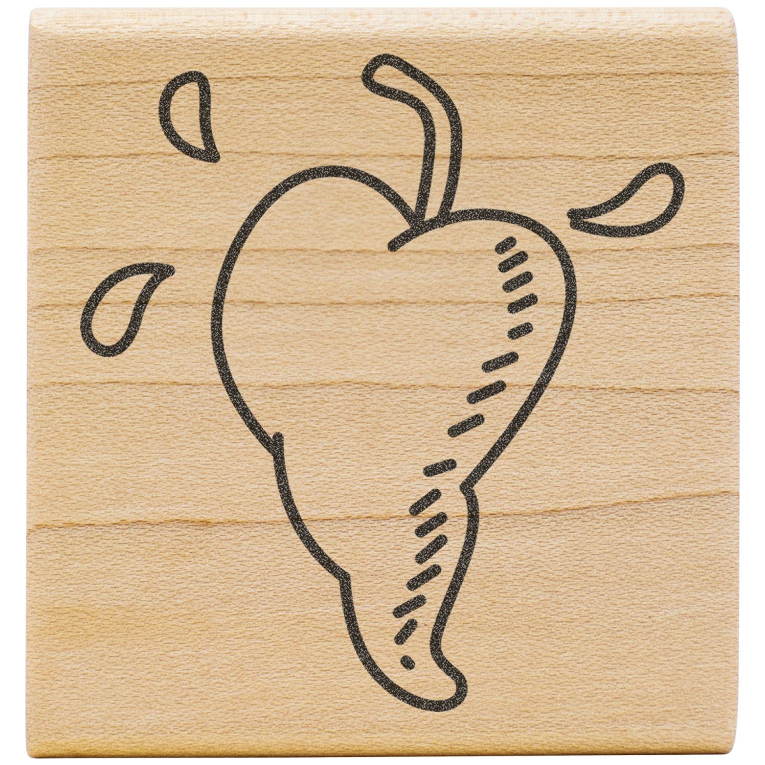 Wooden apple stamp with hand-drawn fruit icon on a light wood background