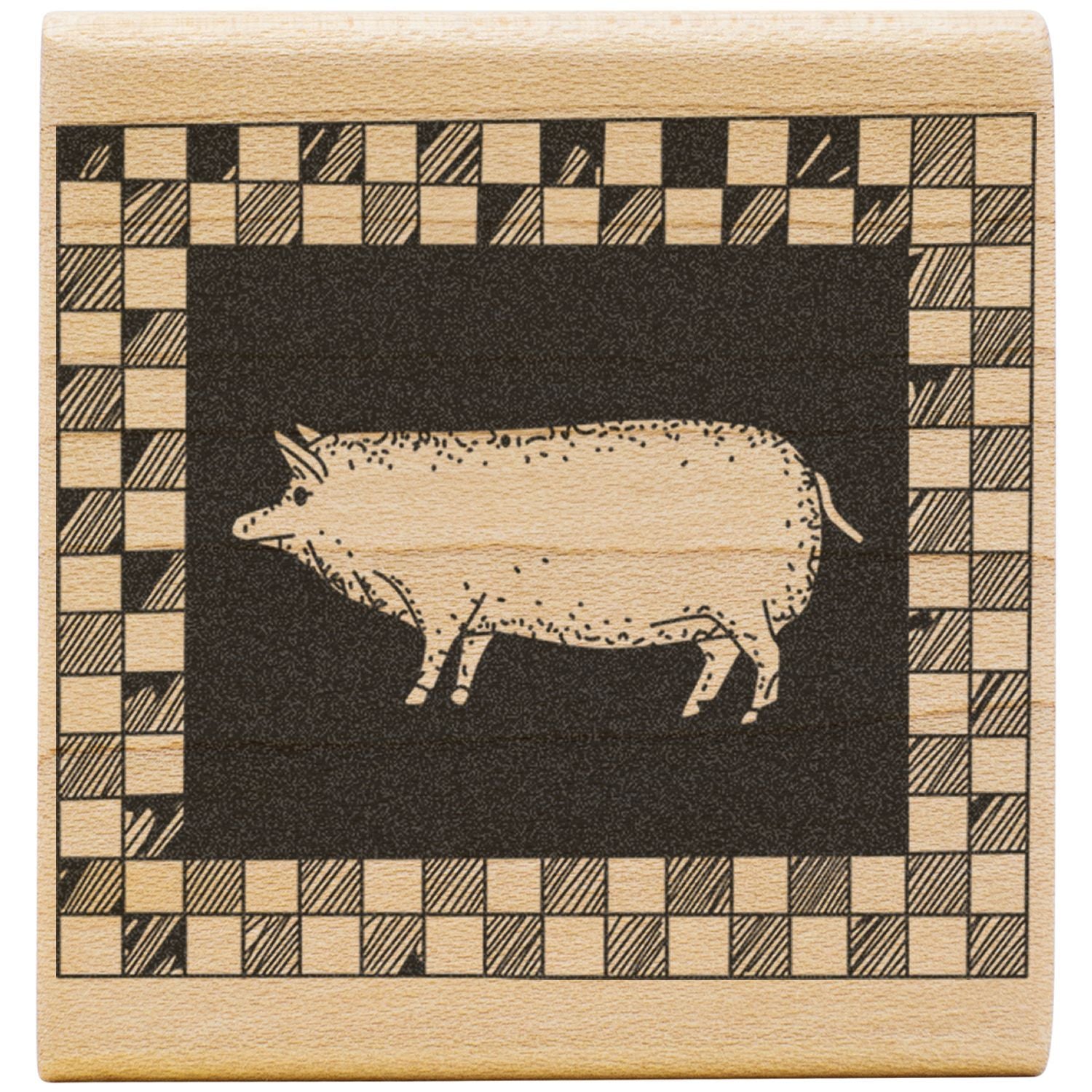 Wooden block print of a pig illustration with a black-and-cream checkered border