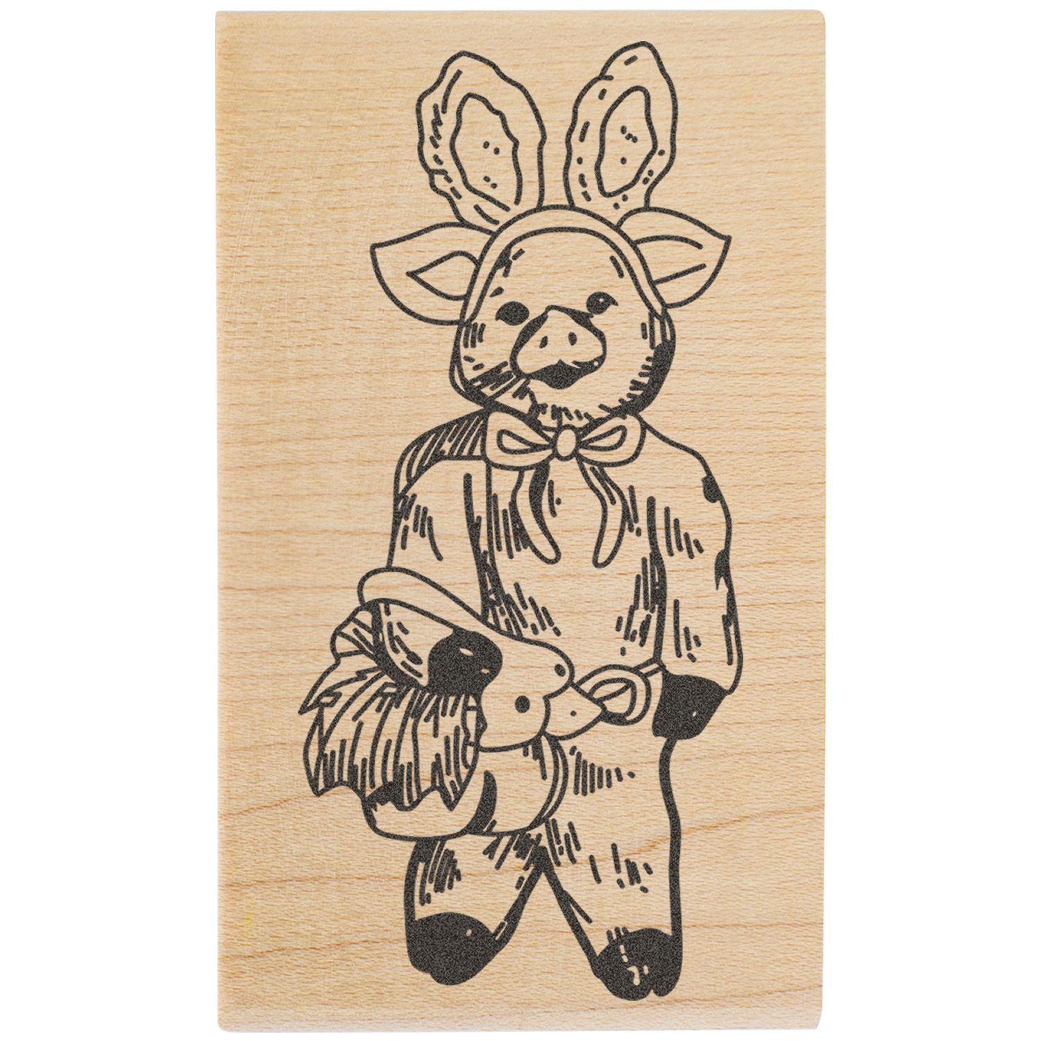 Cute hand-drawn pig illustration on a wooden block with a bow tie and whimsical ears