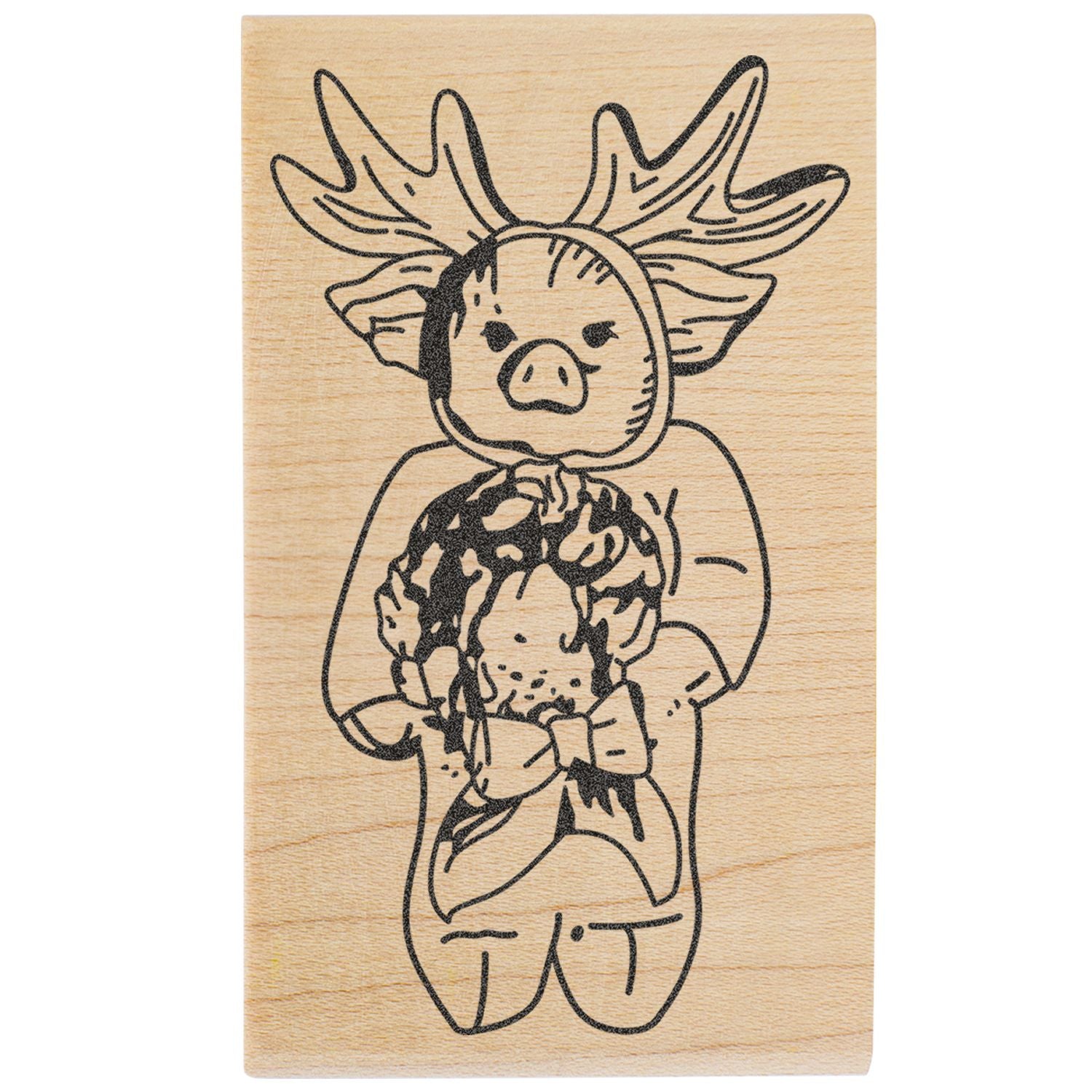 Wood-burned pig with deer antlers holding a baby pig illustration on a wooden plaque