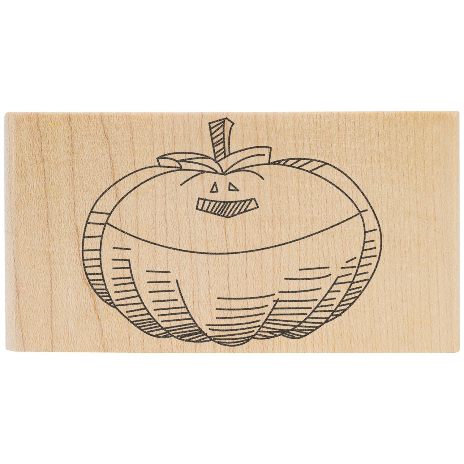 Laser engraved pumpkin design on a wooden block, autumn harvest decor, rustic Halloween stamp.