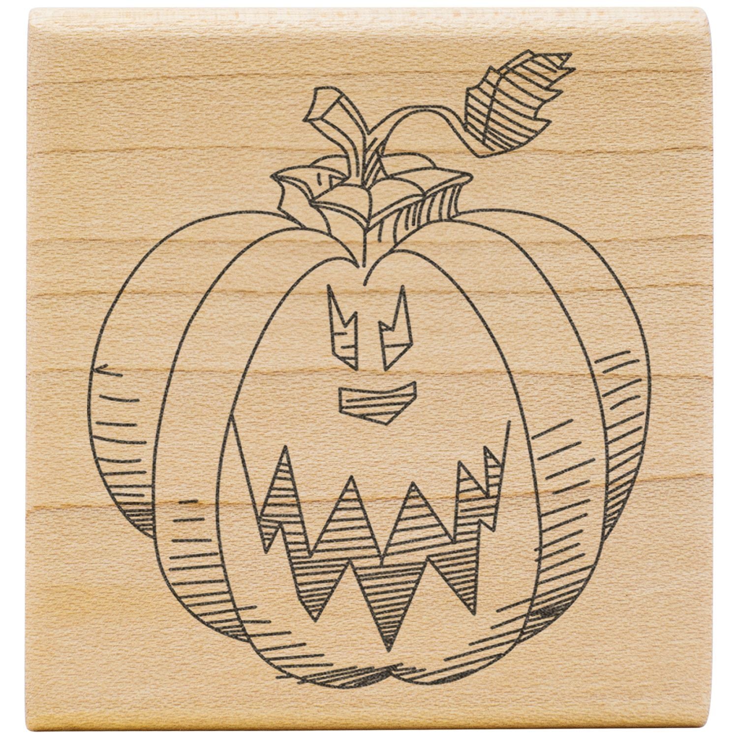 Wooden rubber stamp with carved Halloween pumpkin jack-o-lantern design on a natural wood block.