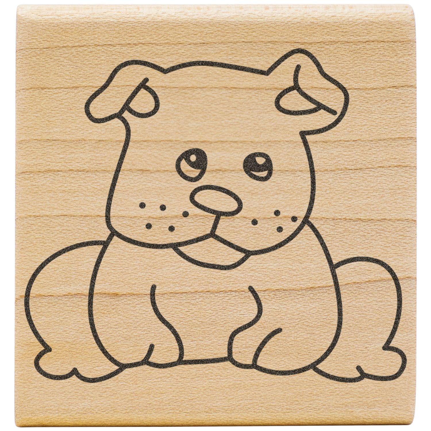 Cute puppy dog line art on a wooden stamp block with black outline illustration on a light wood background.
