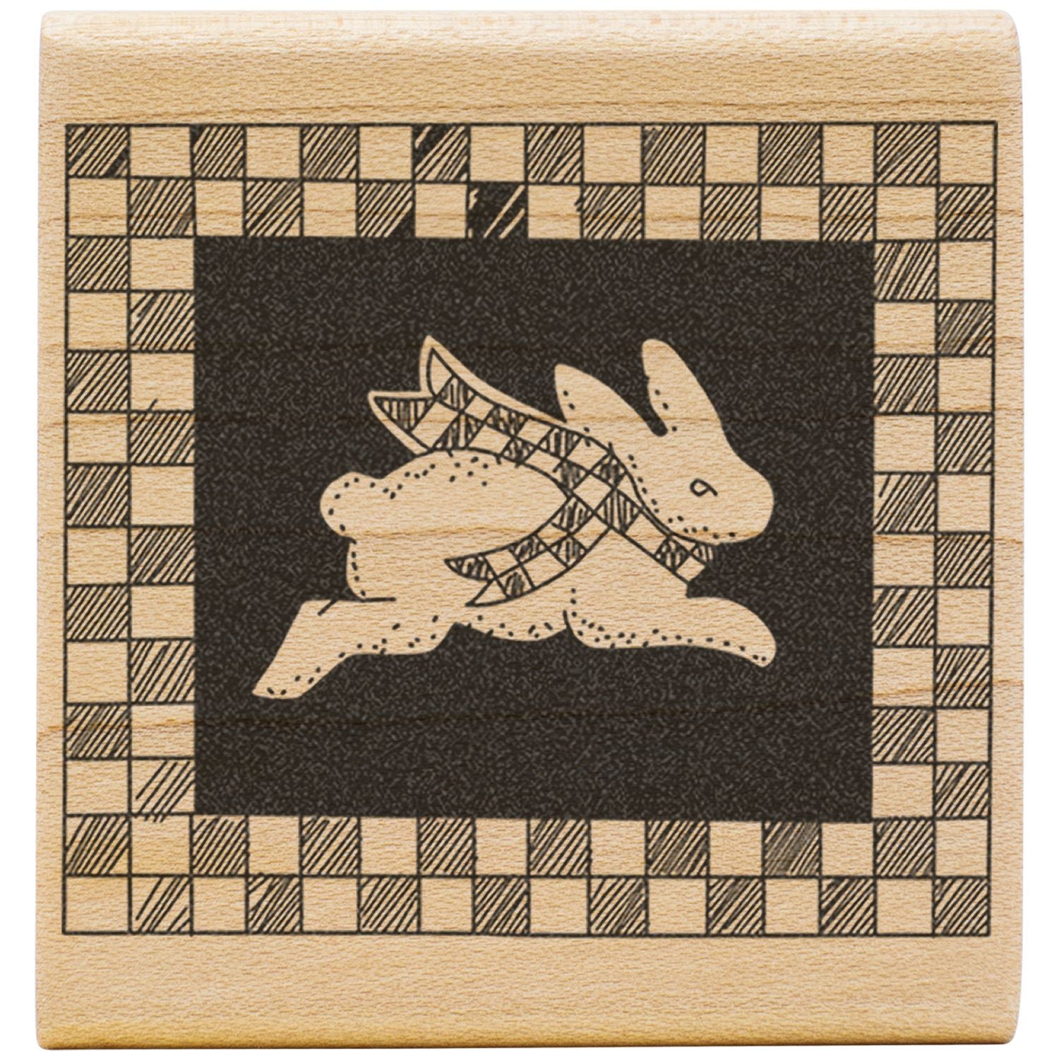 Abstract wooden block print of a rabbit with checkered border and black background illustration