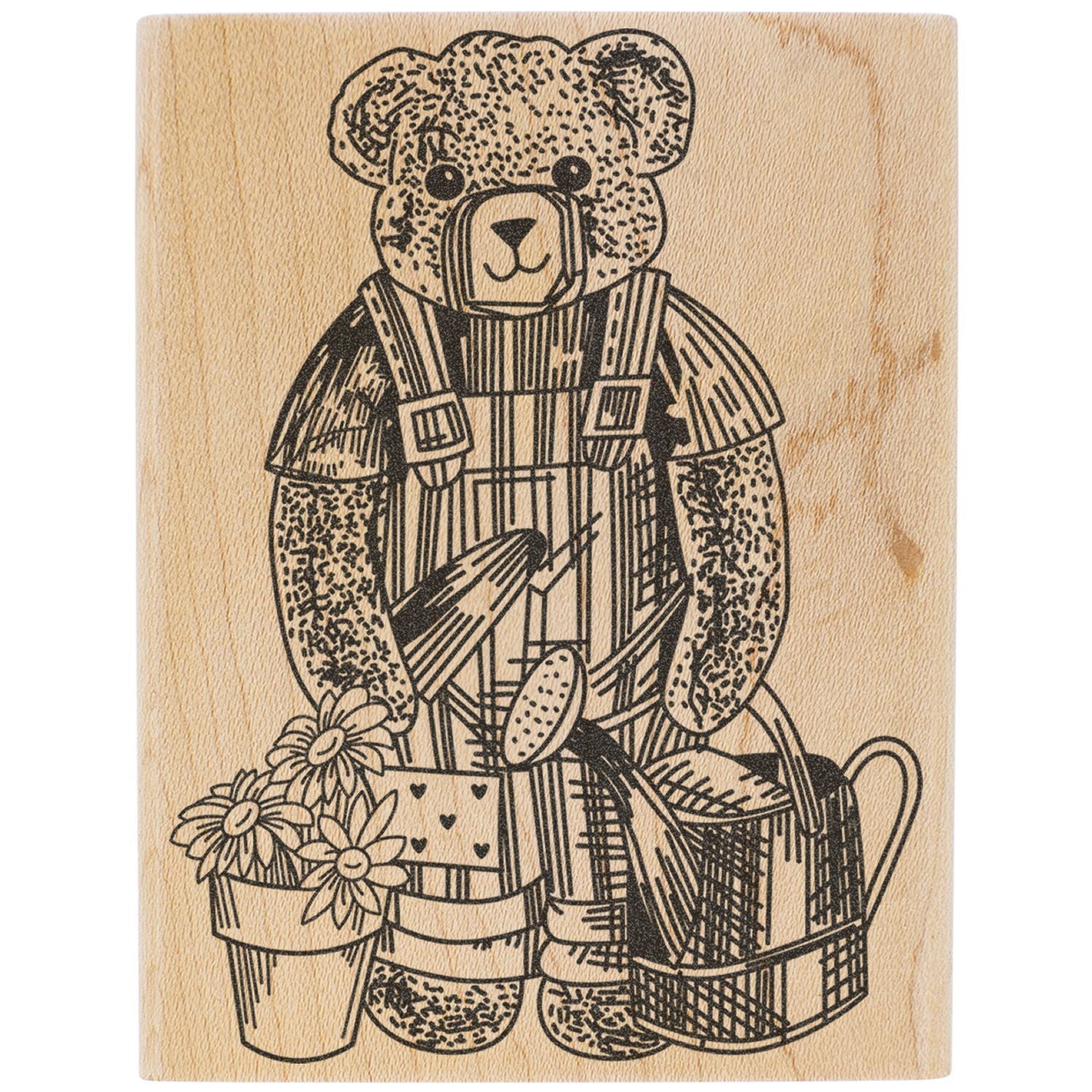 Teddy bear illustration on a wooden block with flowers, gift boxes, and rustic hand-drawn design art.