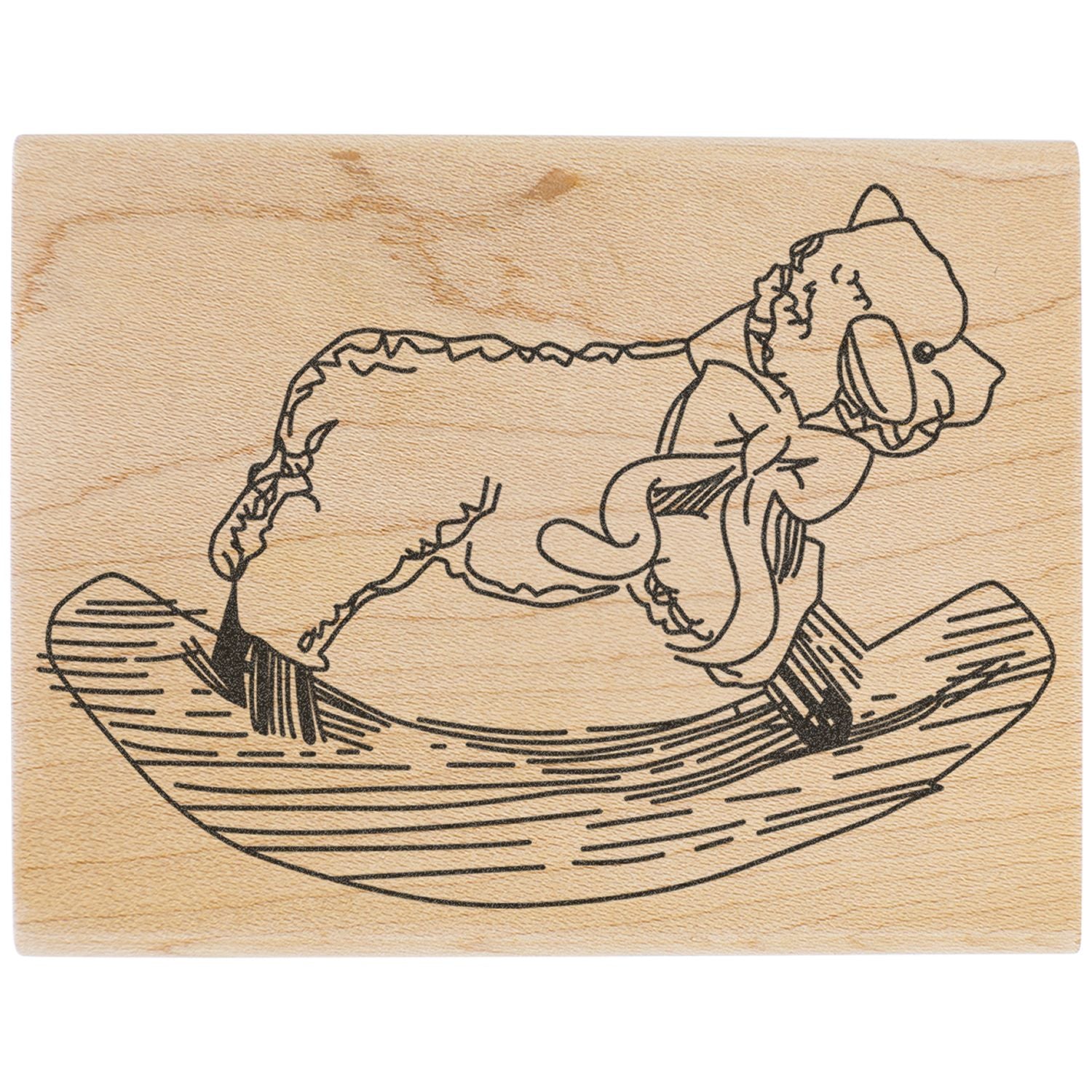 Wooden cat stamp featuring a sleeping cat curled on a rocking chair, black line art on wood.