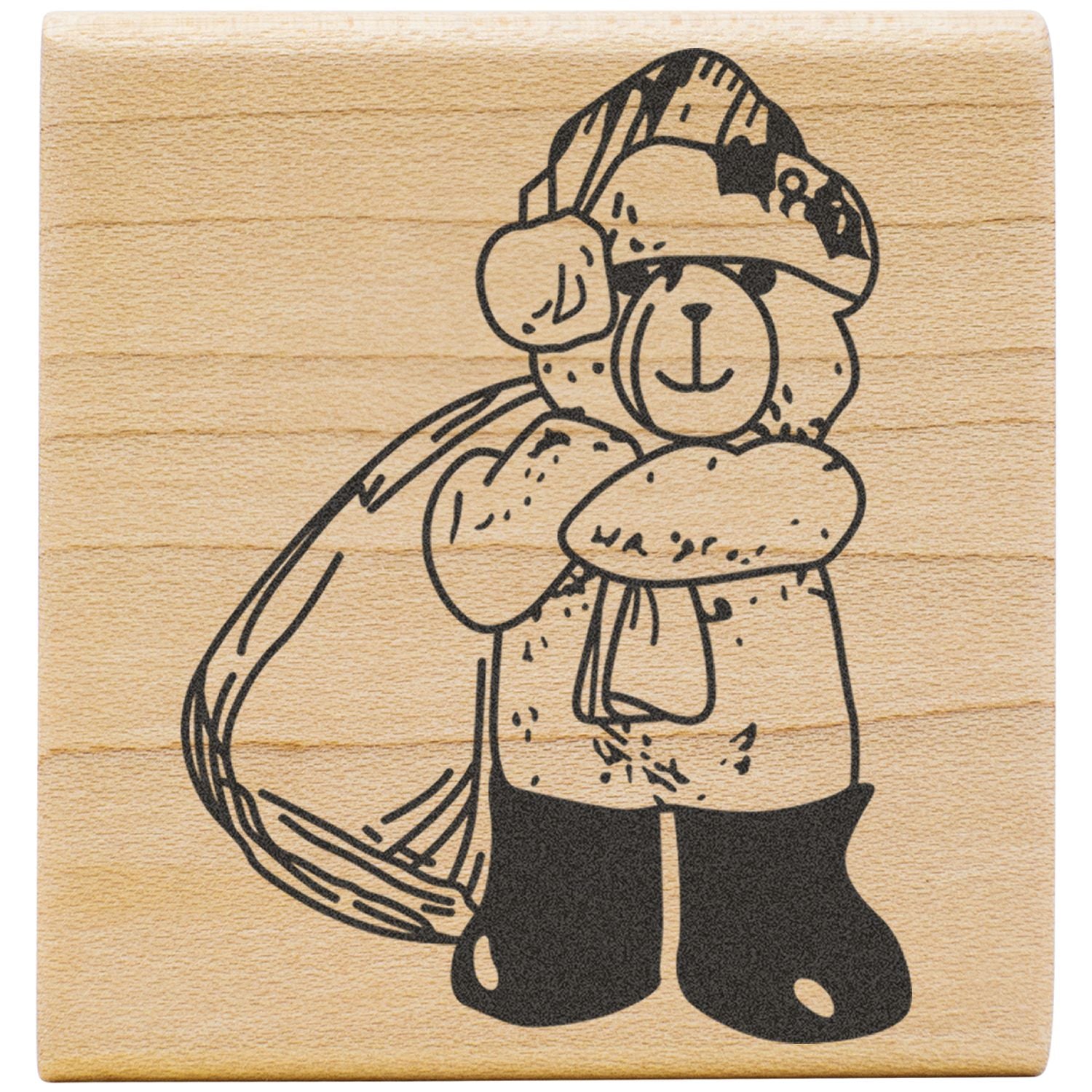 Cute bear illustration on a wooden background, black line art engraved style.