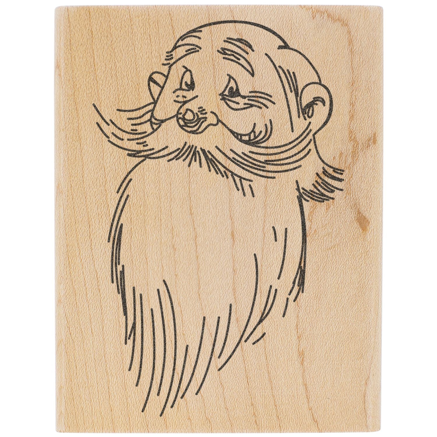 Whimsical line art of a smiling bearded face drawn on a light wood panel, minimalist engraved illustration