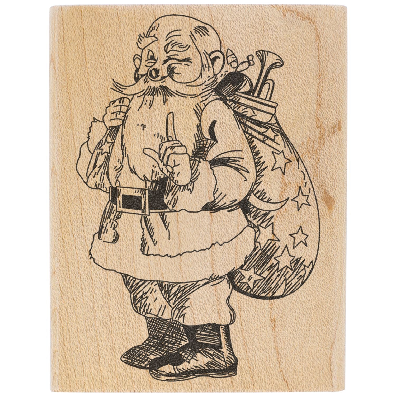 Vintage Santa Claus illustration on wooden background with holiday gift sack and toy bag, black line art Christmas design.