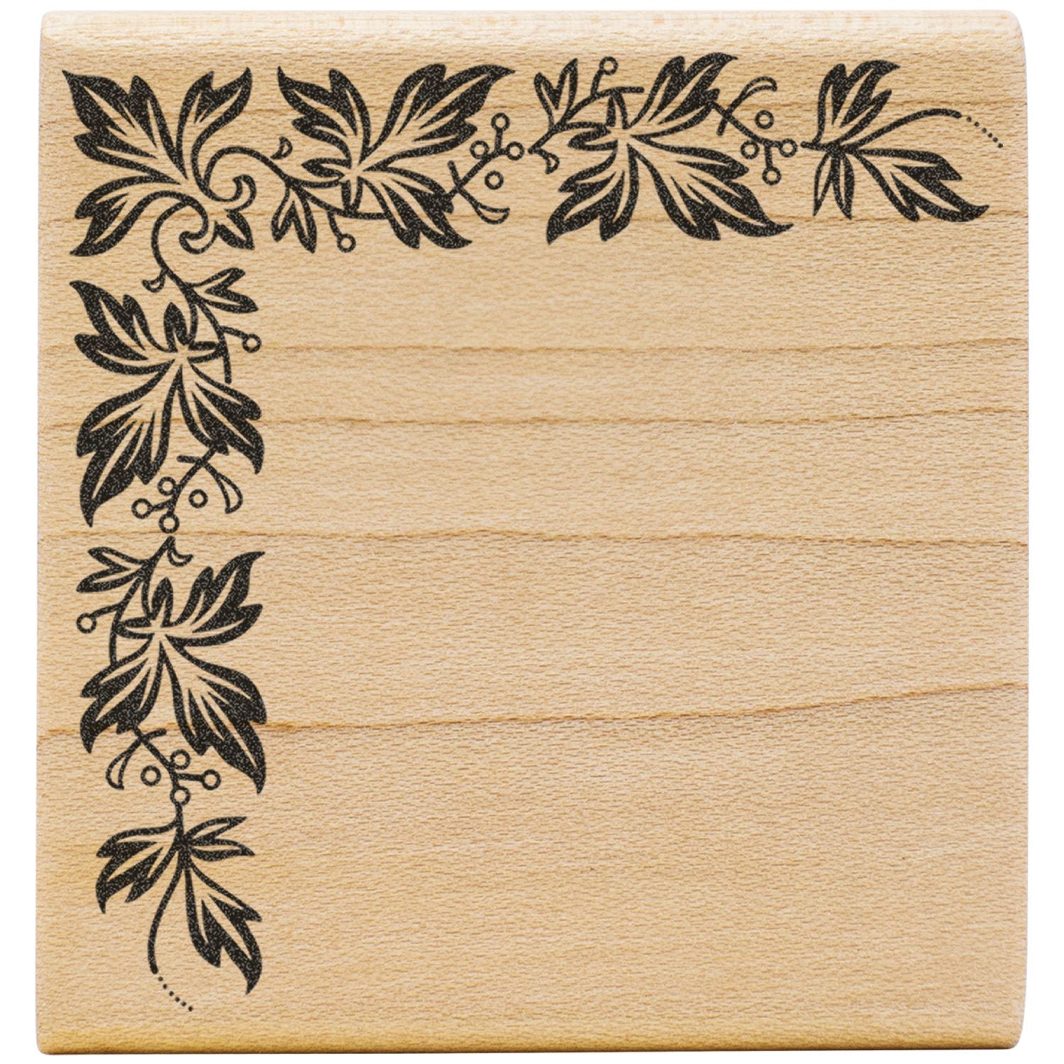 Decorative wooden rubber stamp with black botanical leaf vine border corner design for crafting and scrapbooking