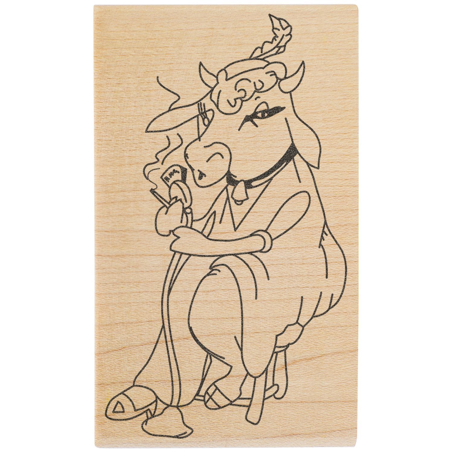 Wood engraving of a cartoon cow character smoking on a natural wood panel.