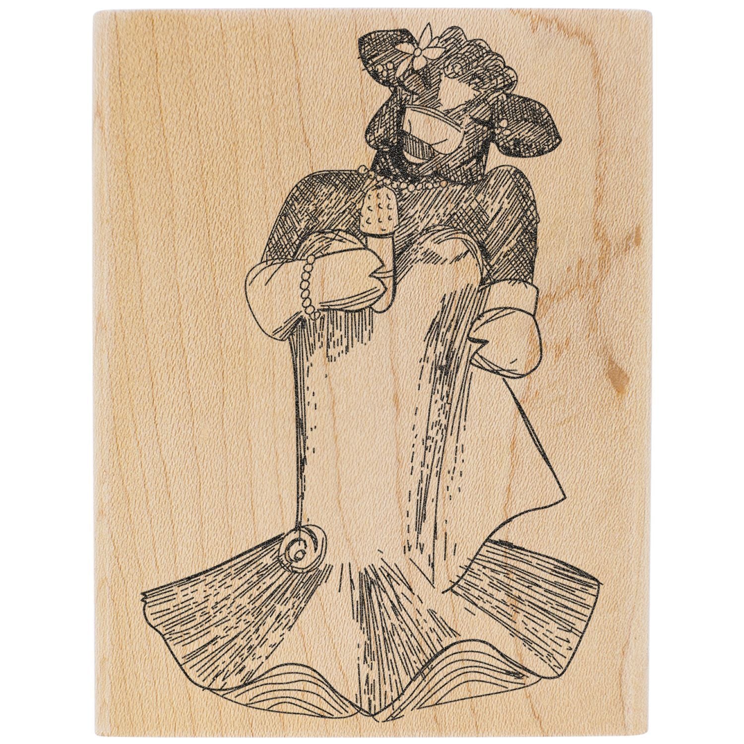 Vintage line drawing of a woman in a dress holding a broom on a parchment background.