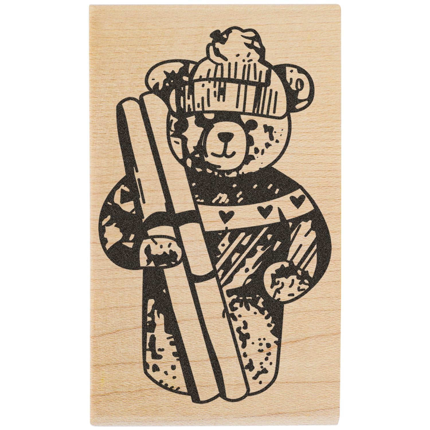 Cute teddy bear holding a pencil, black engraved illustration on a wooden background.